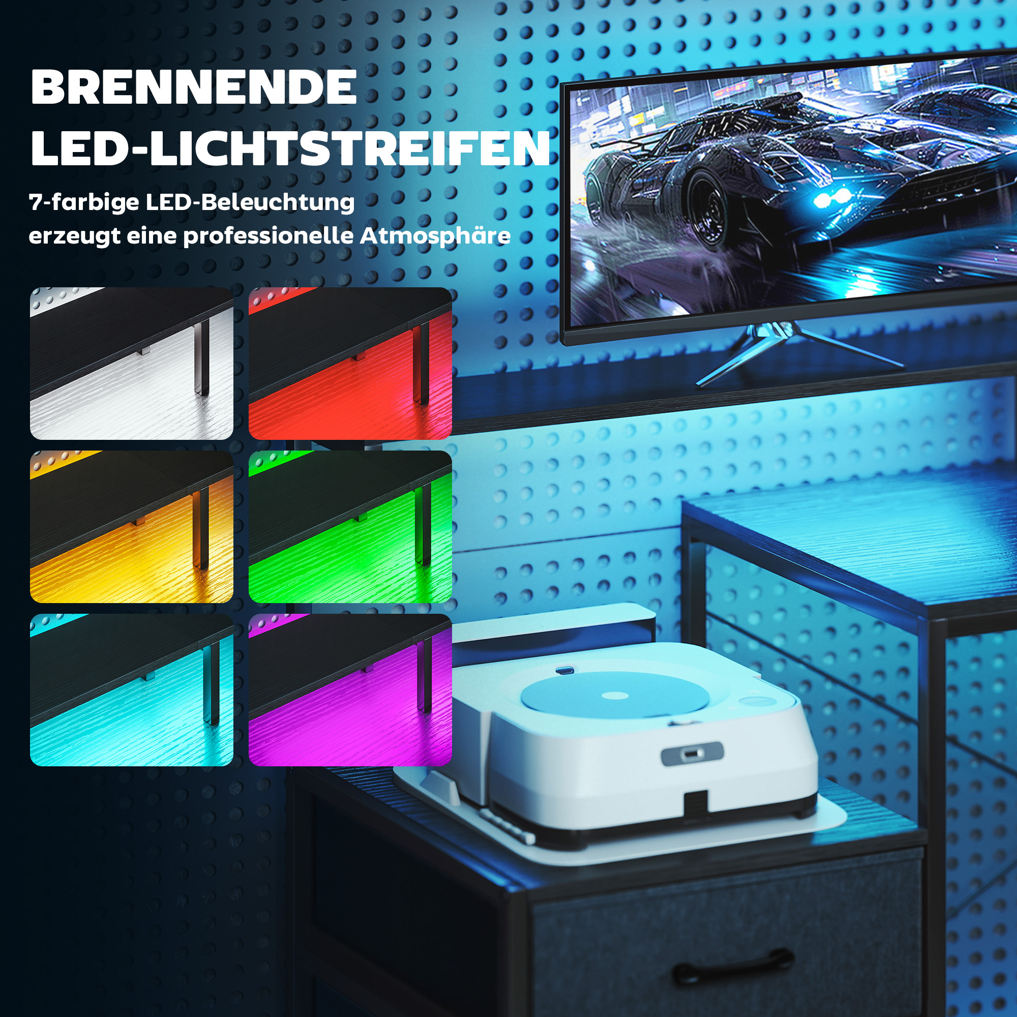 Gaming Tisch L-förmiger Schreibtisch mit LED & Steckdosen, mit Doppelmonitorständer, 165x80x91,5 cm, Schwarze Holzoptik