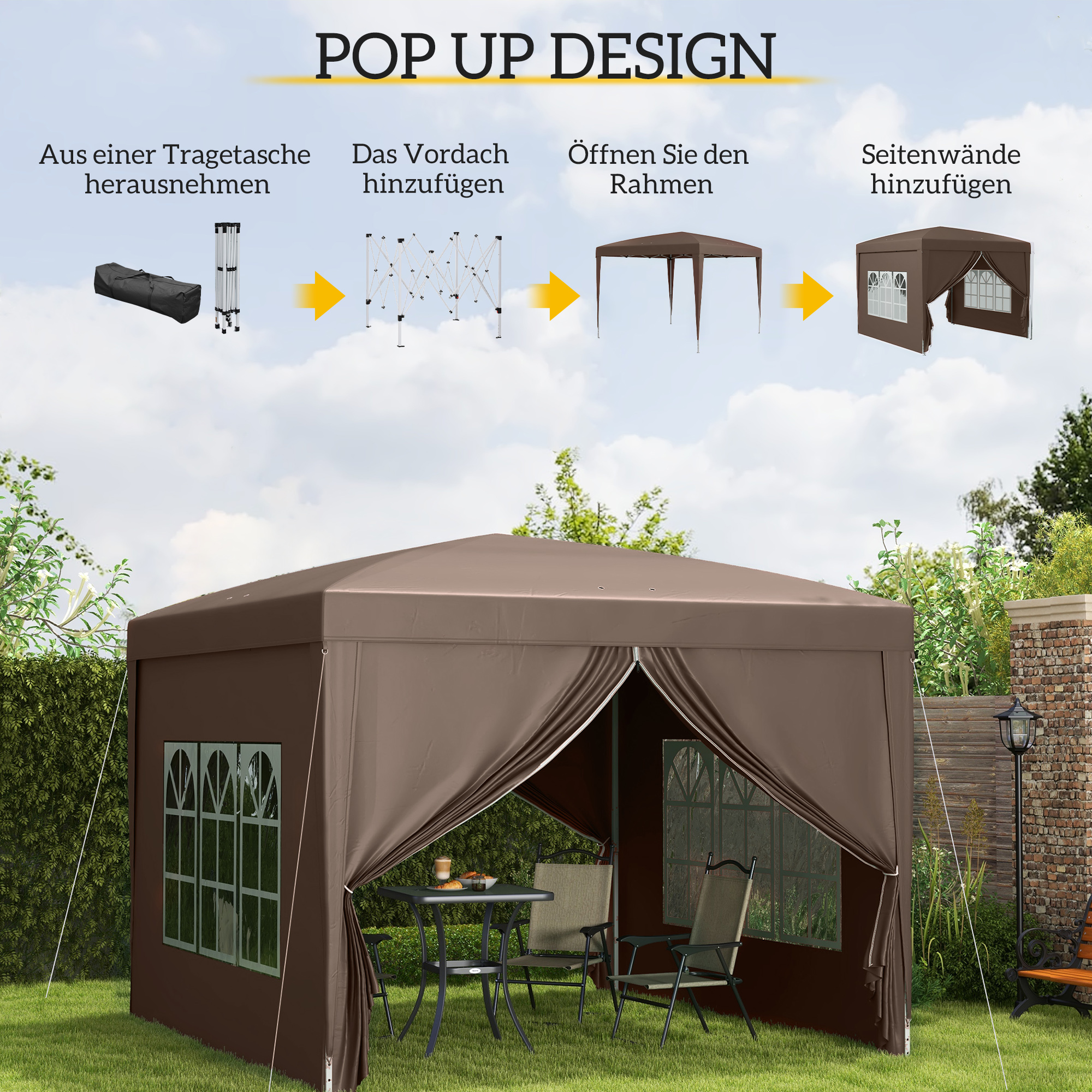 3 x 3 m Pavillon mit 4 Seitenwänden, Fenster, Festzelt mit UV-Schutz, Gartenzelt inkl. Tragetasche, Stahl, Kaffee