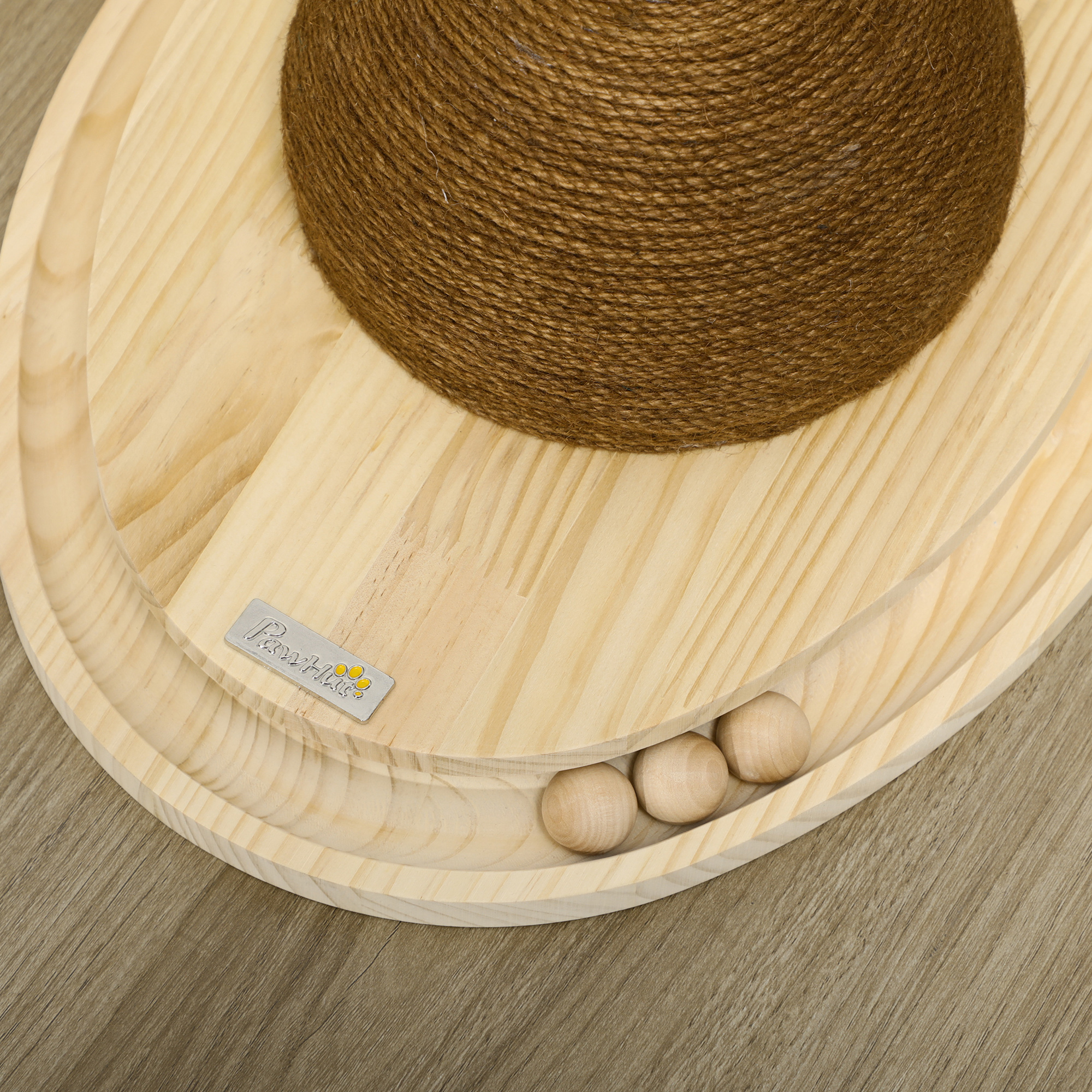 interaktives Katzenspielzeug, Kratzfläche, ovale Kugelbahn, Kiefernholz, 39,5 x 32,5 x 14,5 cm