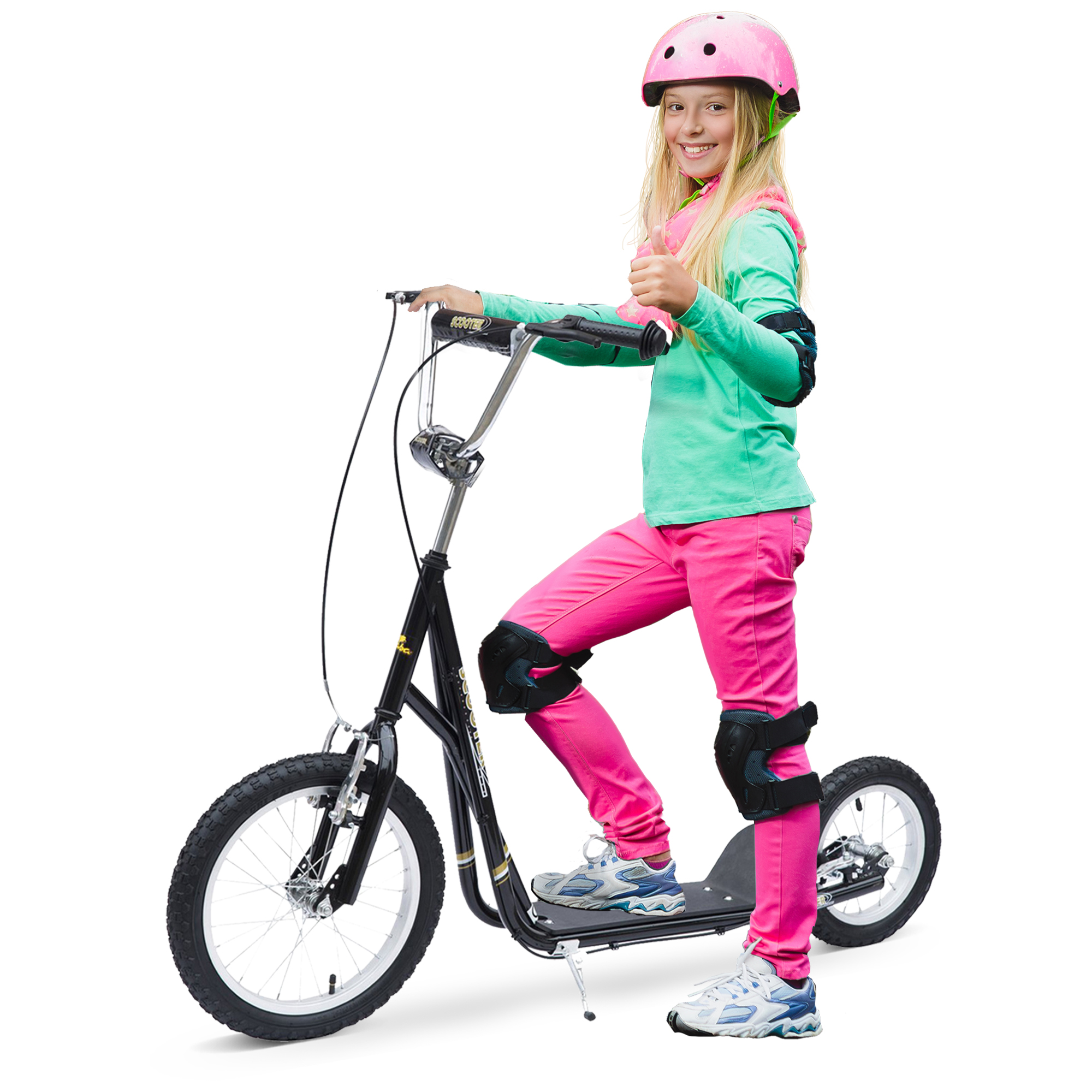 Kinderroller 16/12 Zoll Scooter Tretroller mit Bremsen Cityroller Kickboard Kinder Roller für 5+ Jahre Kinder Schwarz 135 x 58 x 92-100 cm