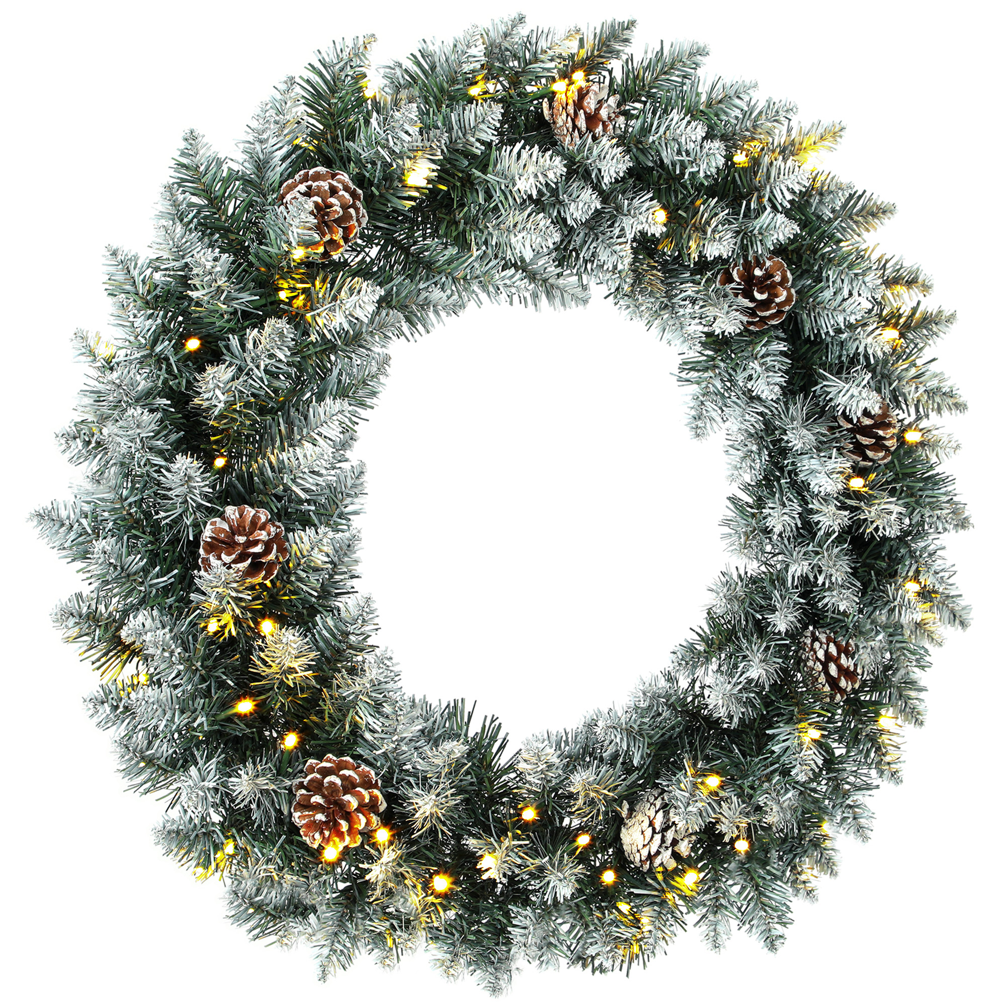 Weihnachtskranz 60 cm Beleuchtet Türkranz mit 50 LEDs Zapfen Kunstschnee für Weihnachten Advent Haustür