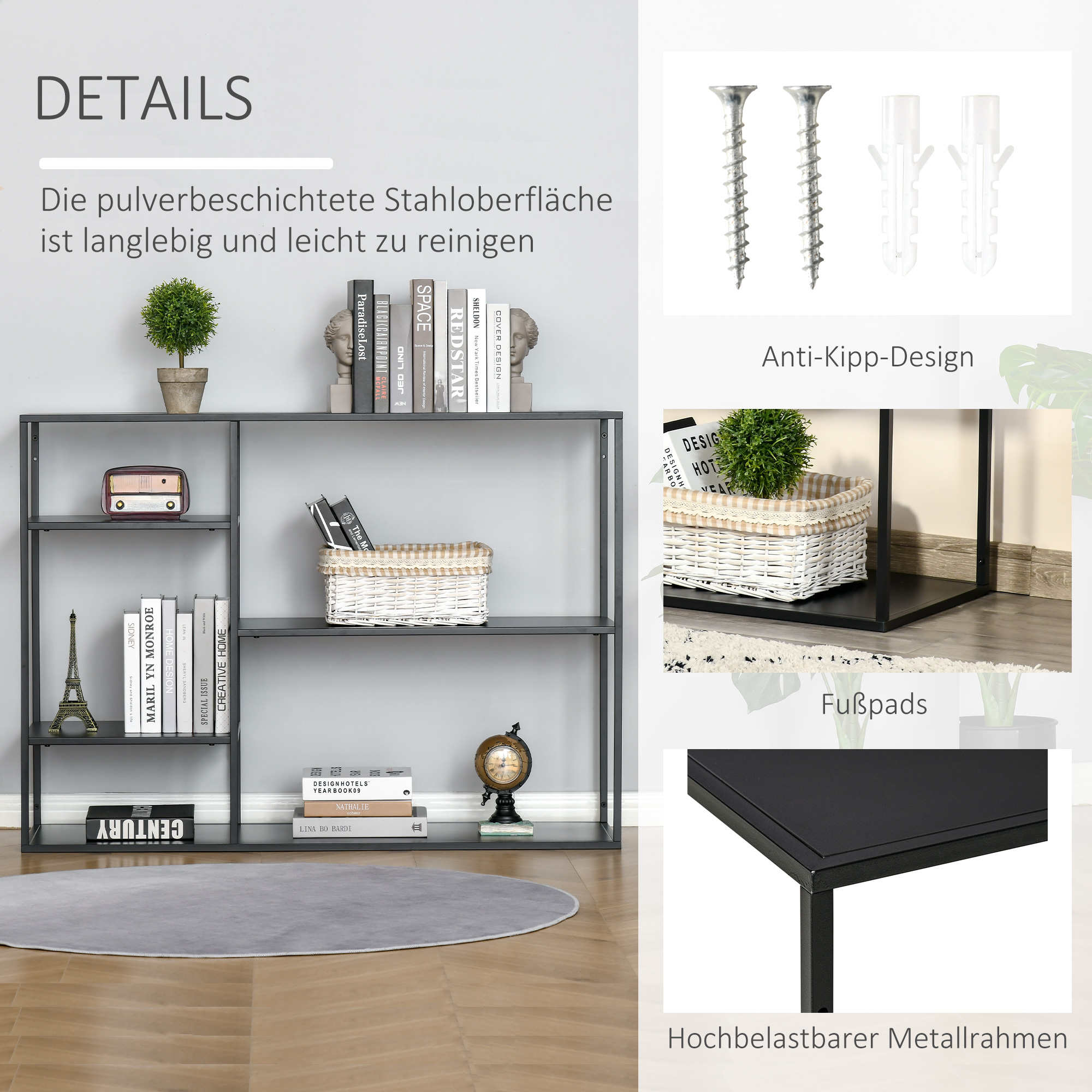 Standregal Bücherregal mit 5 offenen Fächern, Aufbewahrungsregal mit Metallrahmen, Würfelregal für Küche, Wohnzimmer, Schwarz, 120 x 35 x 87,5 cm