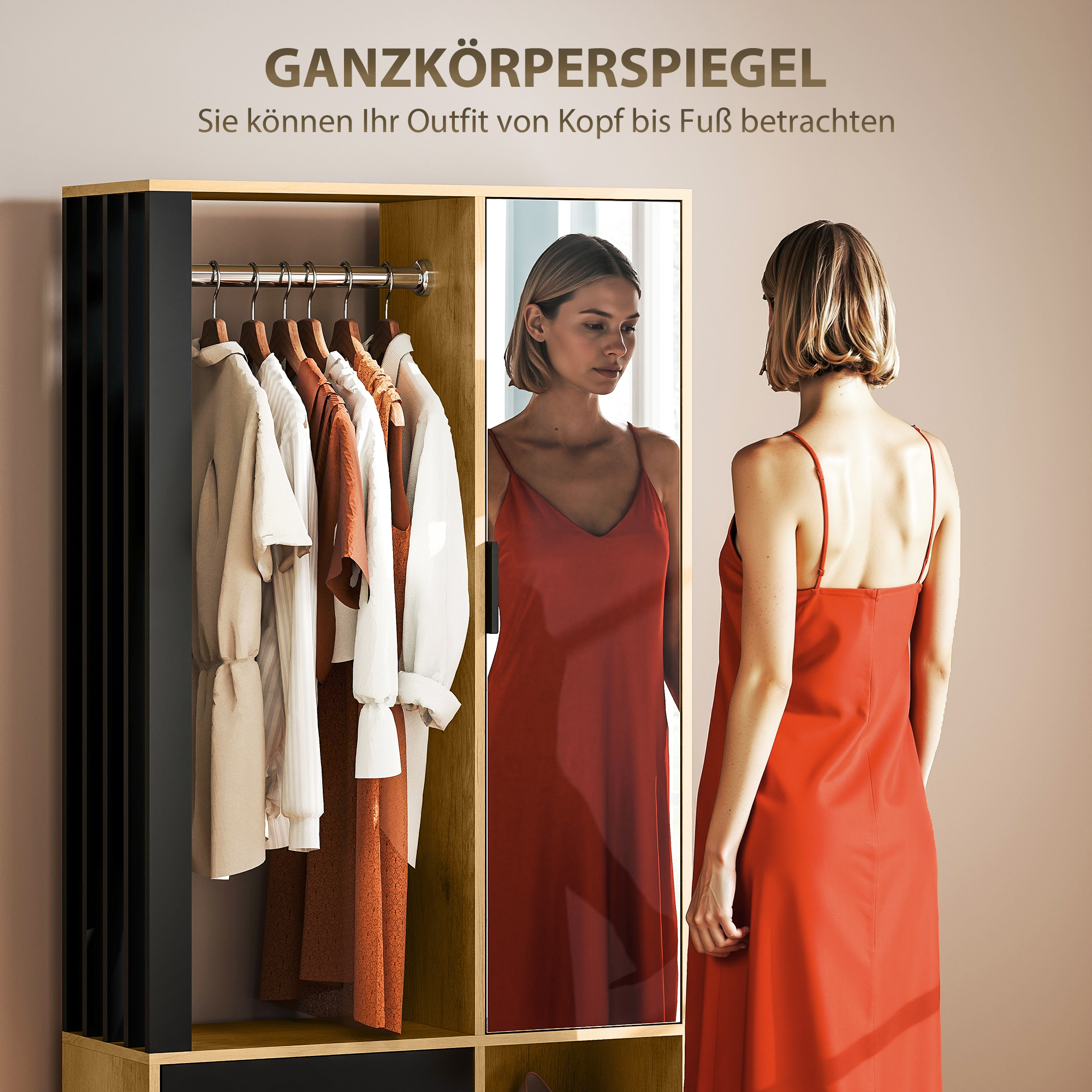 Kleiderschrank mit Spiegel und Hängestange, Aufbewahrungsfächer, offene Ablageflächen, Naturholz, Schwarz