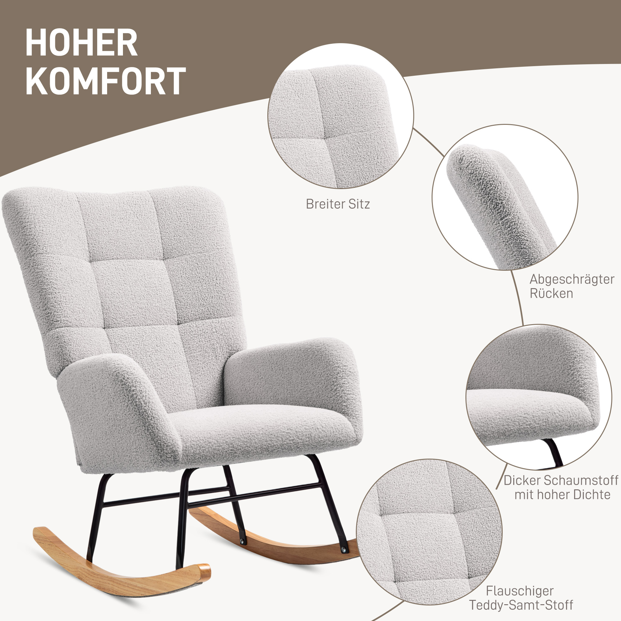 Schaukelstuhl, kuscheliger Bezug, dicke Polsterung, rutschfest, Hellgrau