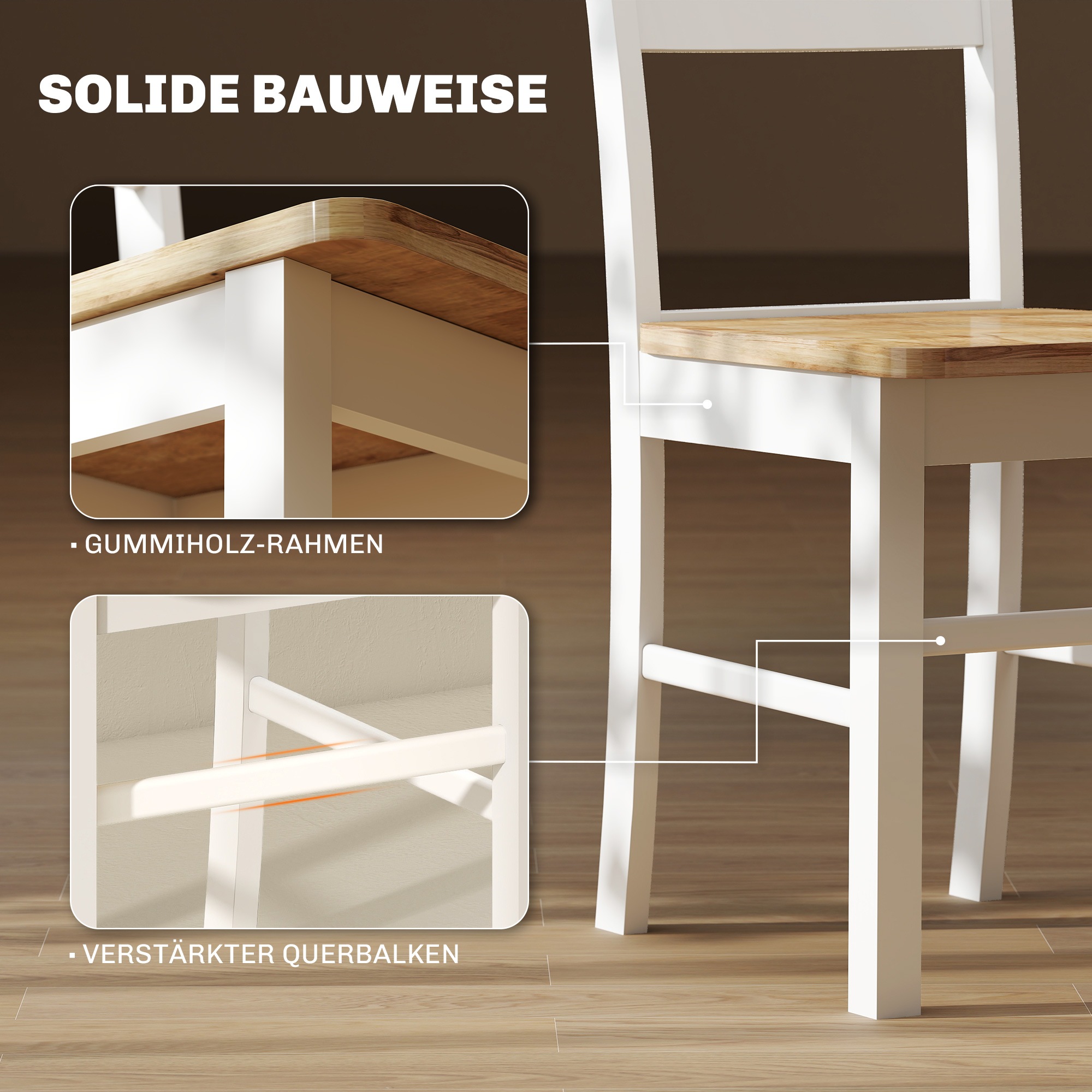 2er-Set Küchenstühle, Kautschukholz, gebogene Sprossenlehne, Weiß