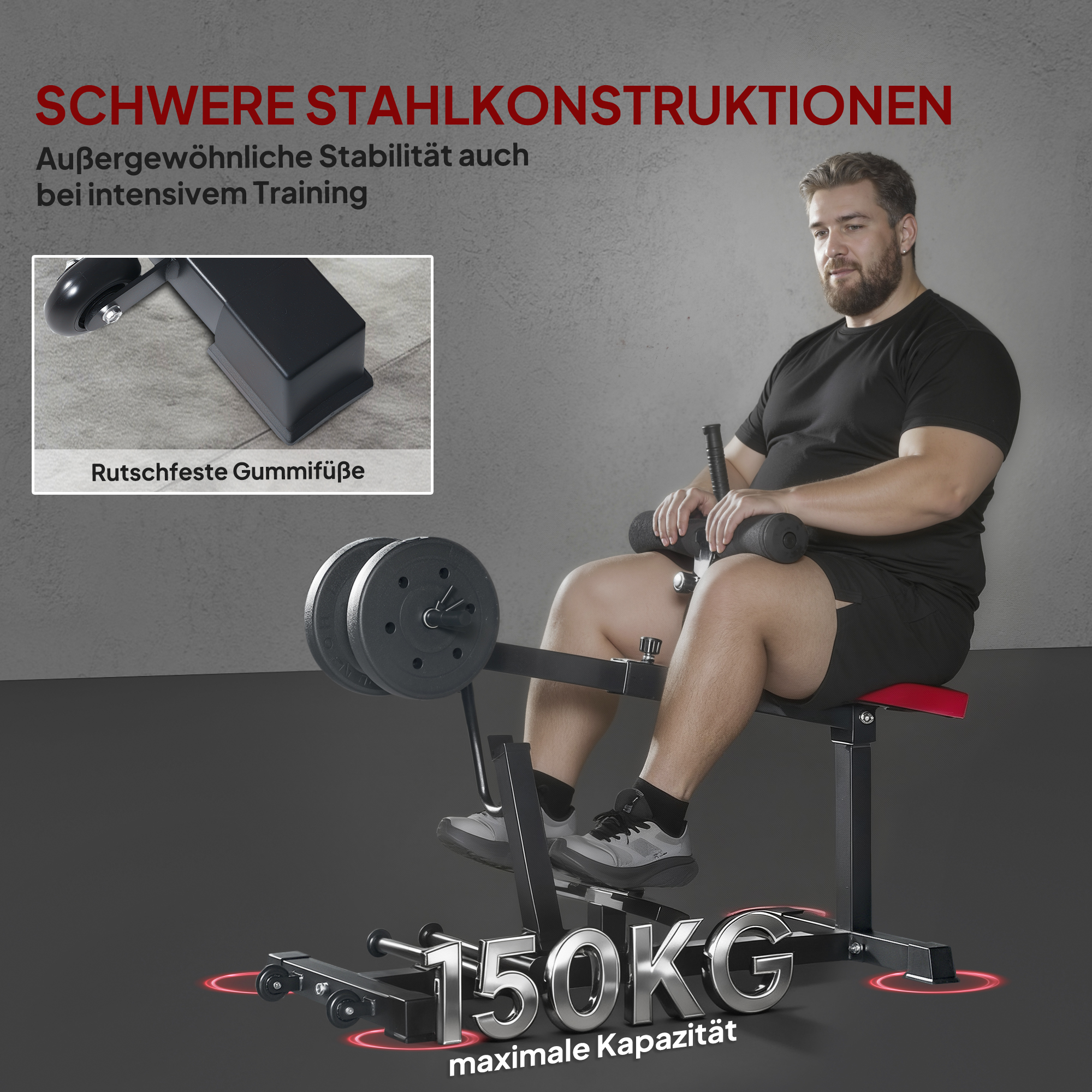 Beintrainings-Bank, Wadenhebemaschine, mit Rädern, Sportequipment für Fitness-Übungen zuhause, Stahl, Schwarz