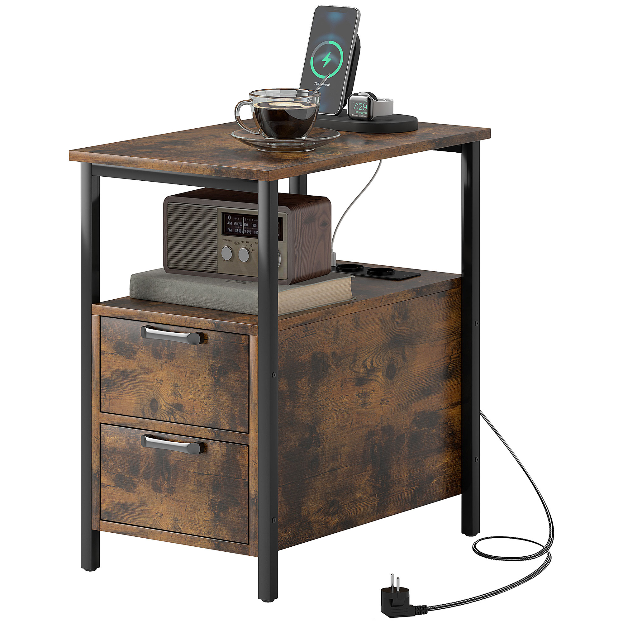 Beistelltisch mit Aufladestation, USB-Anschlüssen, Steckdosen, 2 Schubladen und Regal für Wohnzimmer, Schlafzimmer Beistelltisch mit Aufladestation, USB-Anschlüssen, Steckdosen, 2 Schubladen und Regal für Wohnzimmer, Schlafzimmer
