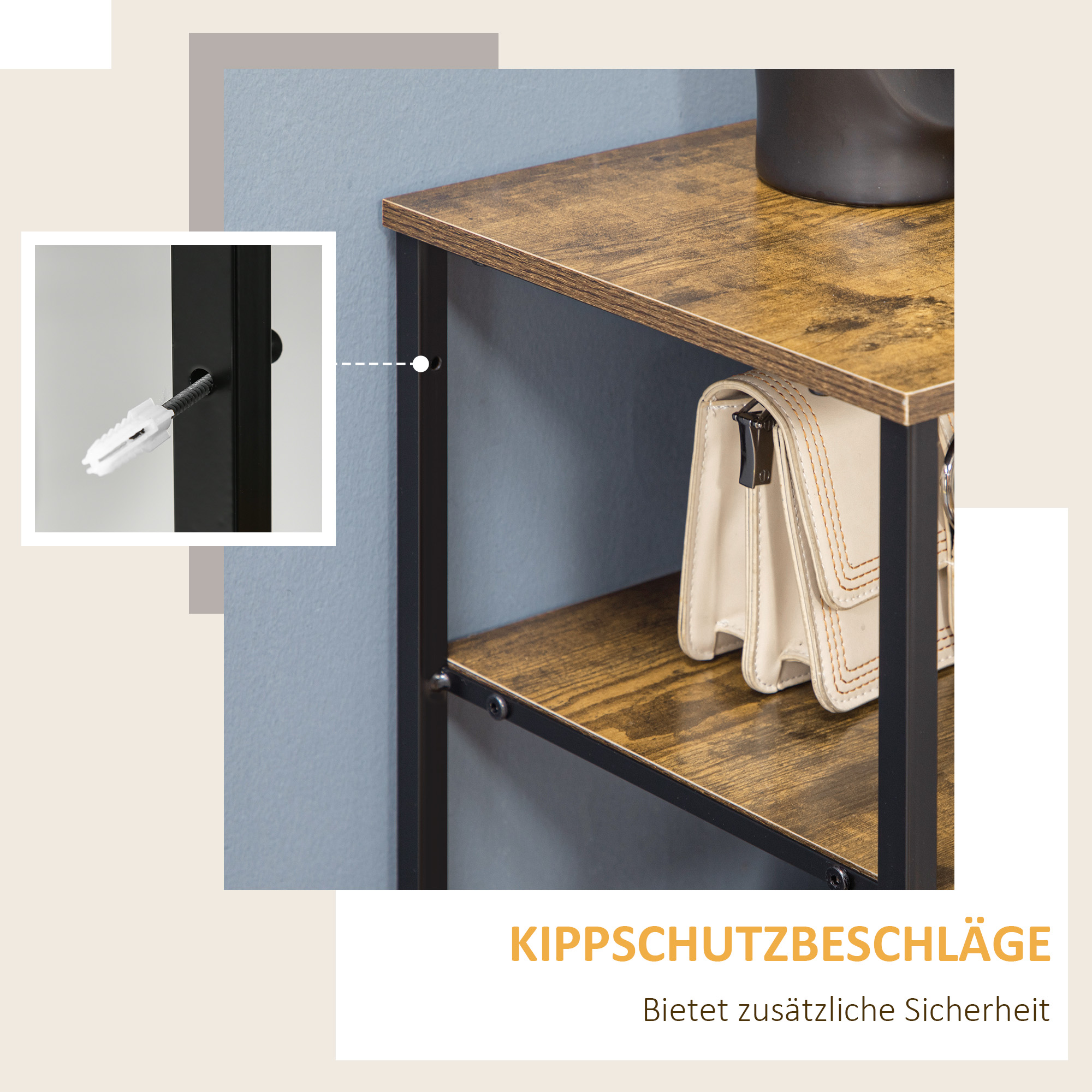 Kommode mit sechs Schubladen, offene Regale, MDF und Stahl, 84x30x92 cm, Braun/Schwarz, verstellbare Füße