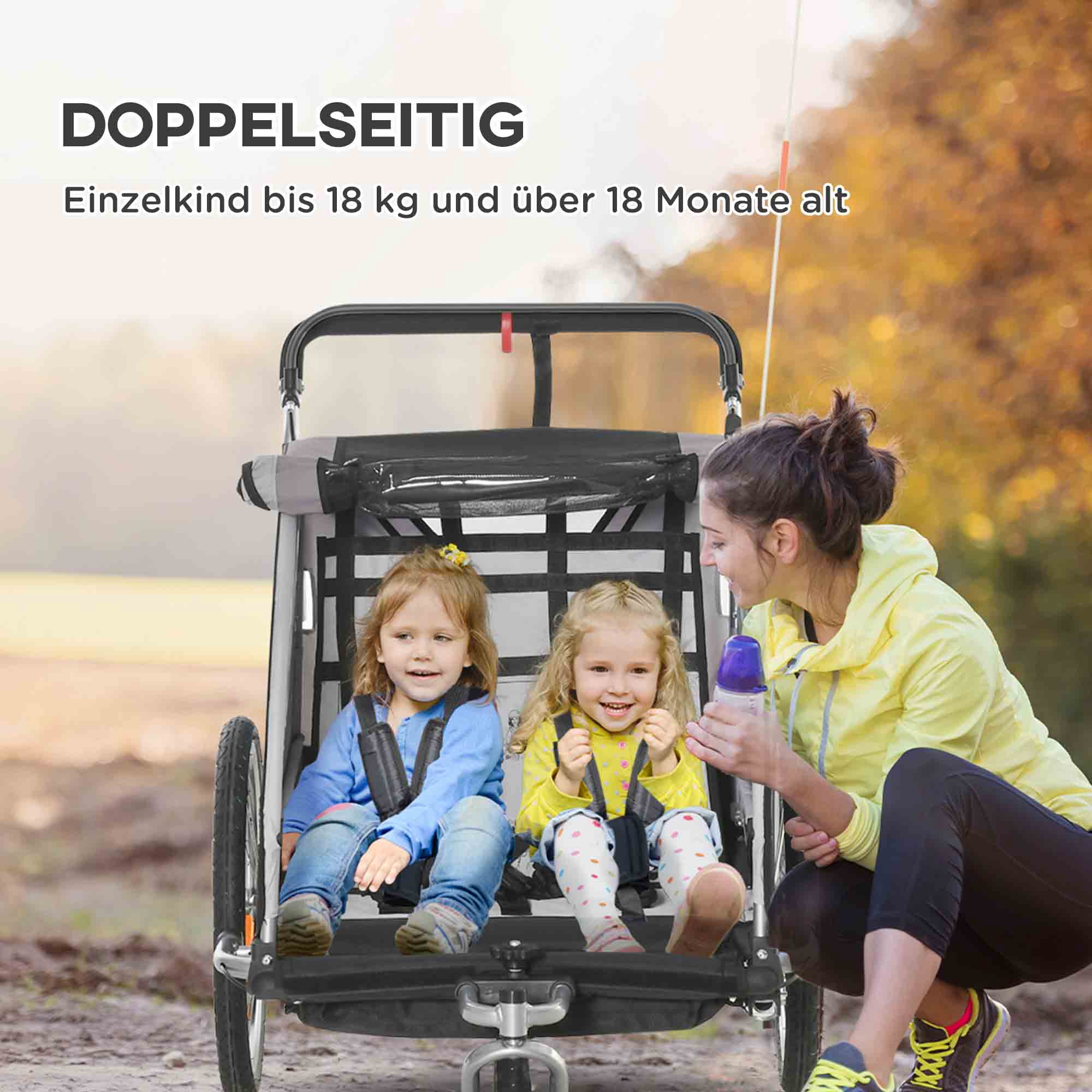 Kinderfahrradanhänger, Schiebewagen, mit Bremsen, klappbar, für 2 Kinder, Grau/Schwarz