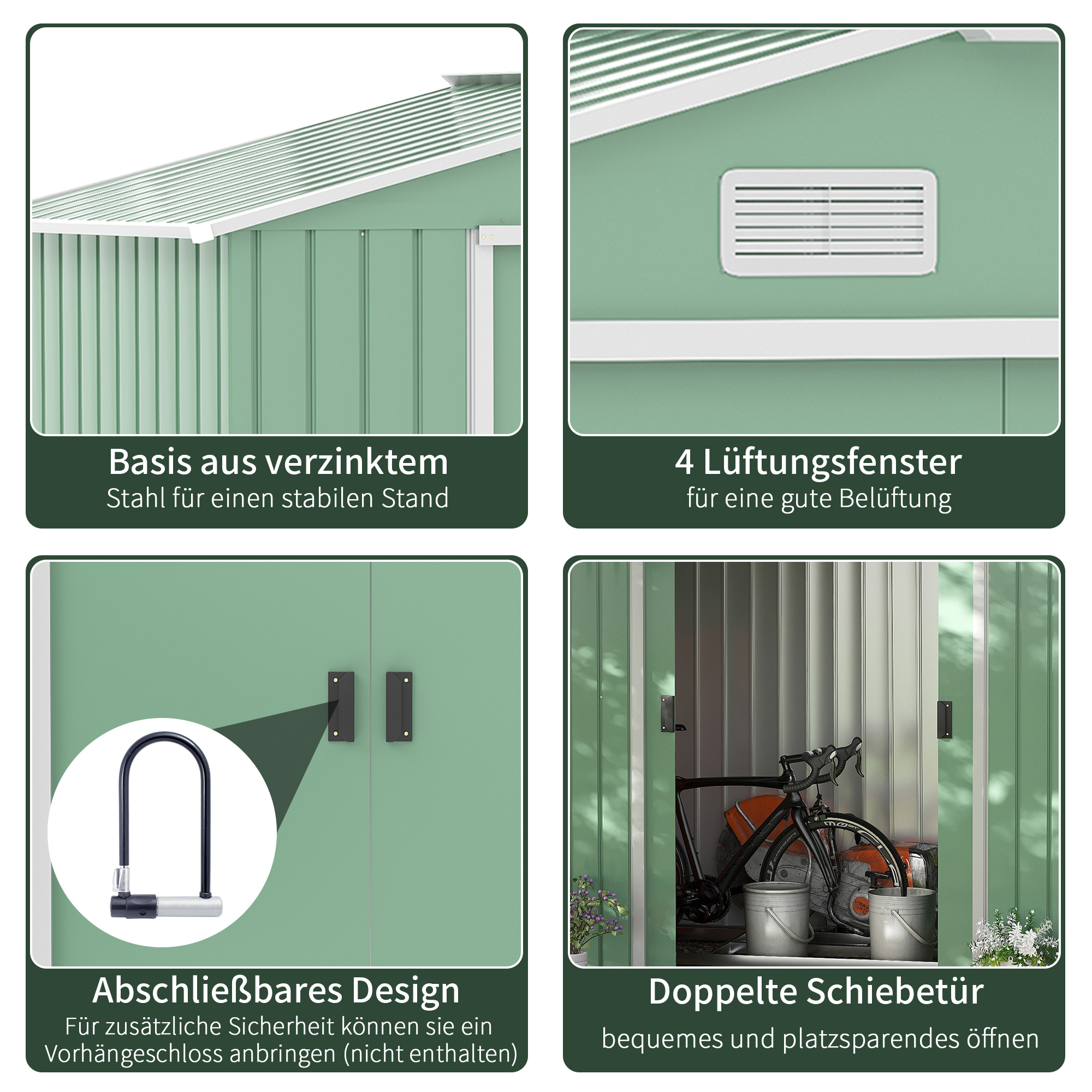 Gartenschuppen, 2 Schiebetüren, Lüftungsfenster, Bodenrahmen, rostfrei, Stahl, hellgrün, 2,13 x 1,30 x 1,85 m