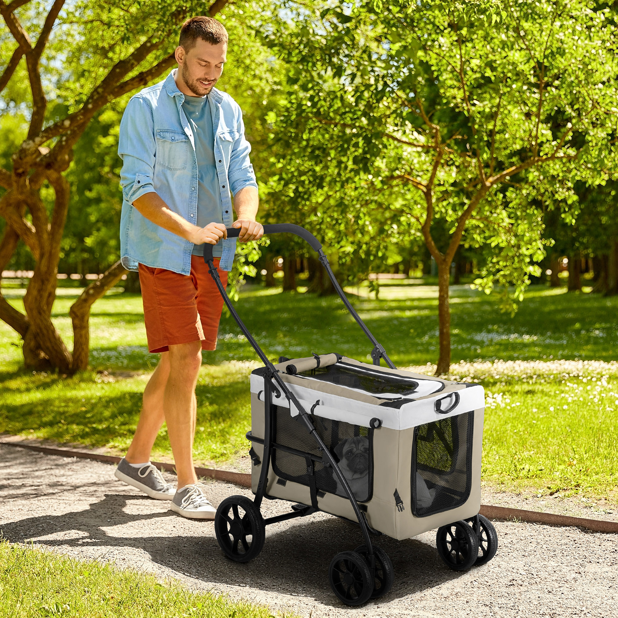 Hundbuggy Haustierbuggy Hundewagen, klappbar, abnehmbarer Korb, 81 x 58 x 97,5 cm, Schwarz+Khaki+Weiß