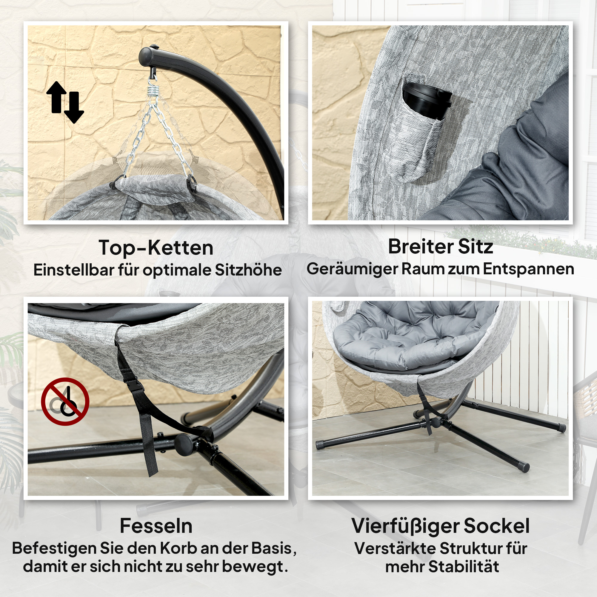 Eiförmiger Hängekorb, Hängesessel mit Schaukelfunktion und faltbarem Korb, Gartenstuhl, Becherhalter, Grau