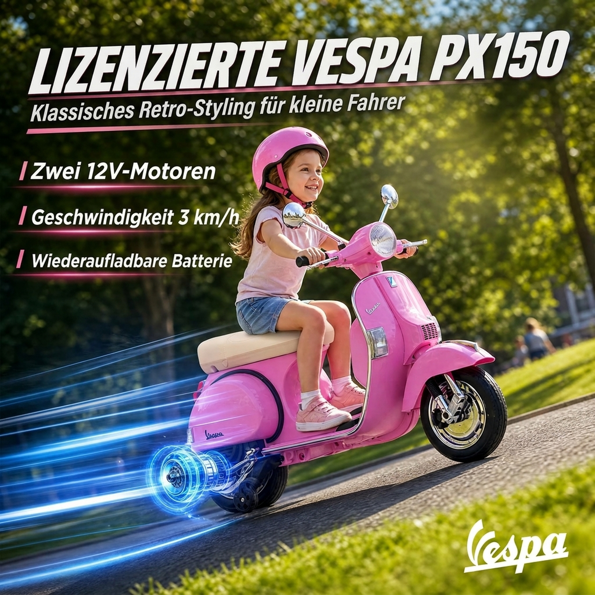 Elektro Motorrad Kinder Vespa PX150 12V Elektromotorrad mit Lithium Akku 35W 2 Motoren 25° Lenkbegrenzung für 3-6 Jahre