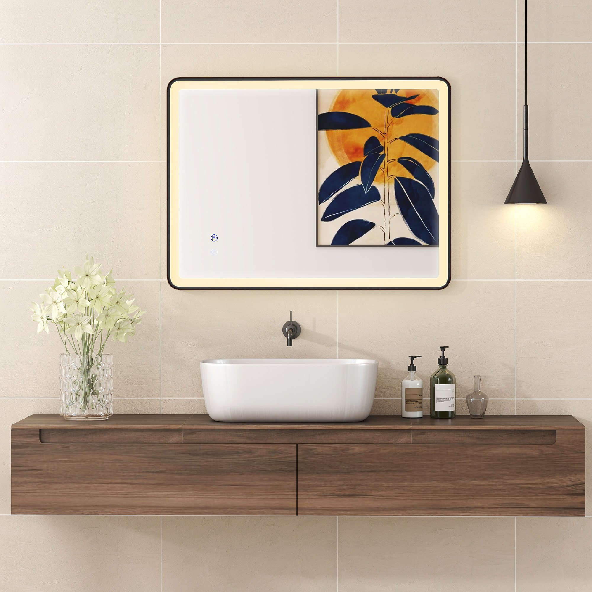 LED-Badezimmerspiegel Anti-Beschlag Dimmbare Schminkspiegel mit Beleuchtung 80 x 60 cm Schwarzer Rahmen