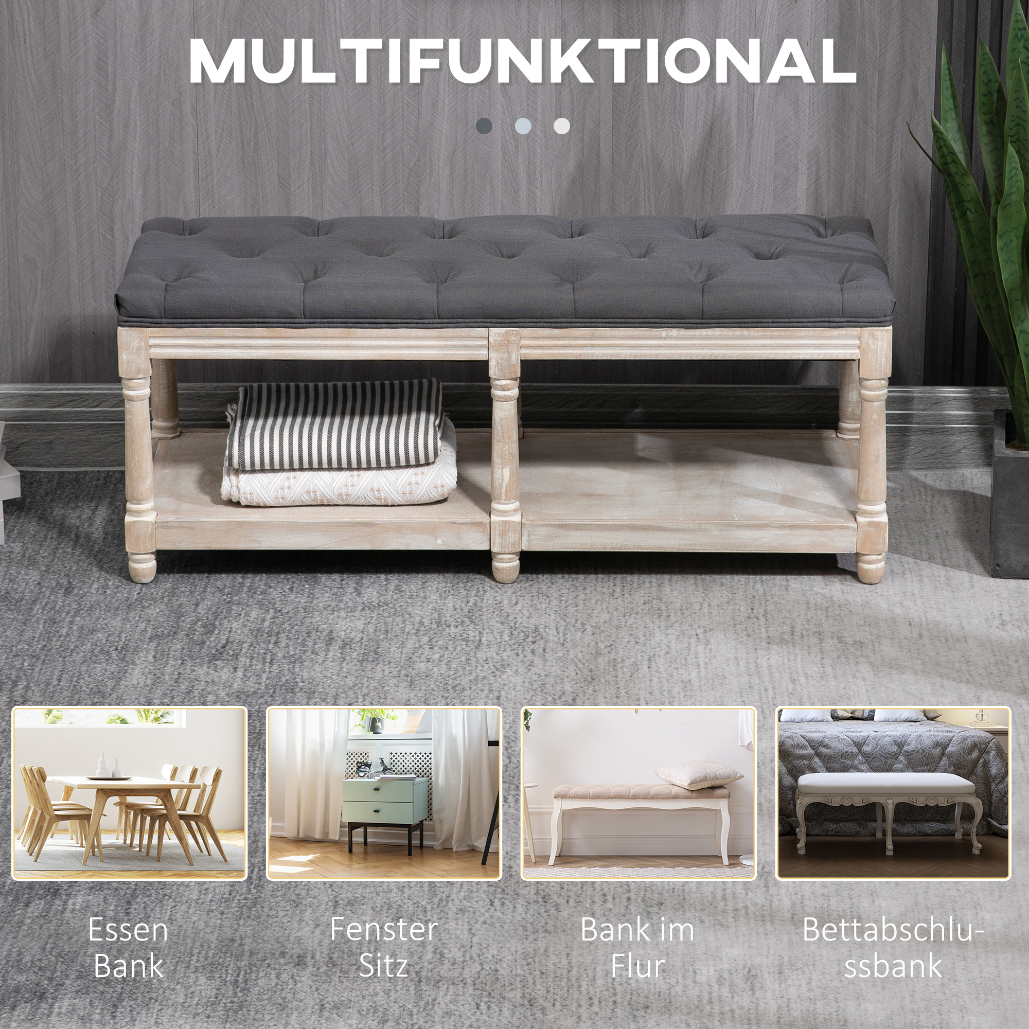 Sitzbank mit Stauraum, Vintage-Design, Knopfheftung, Kautschukbaumholz, 115x40x48cm, Grau