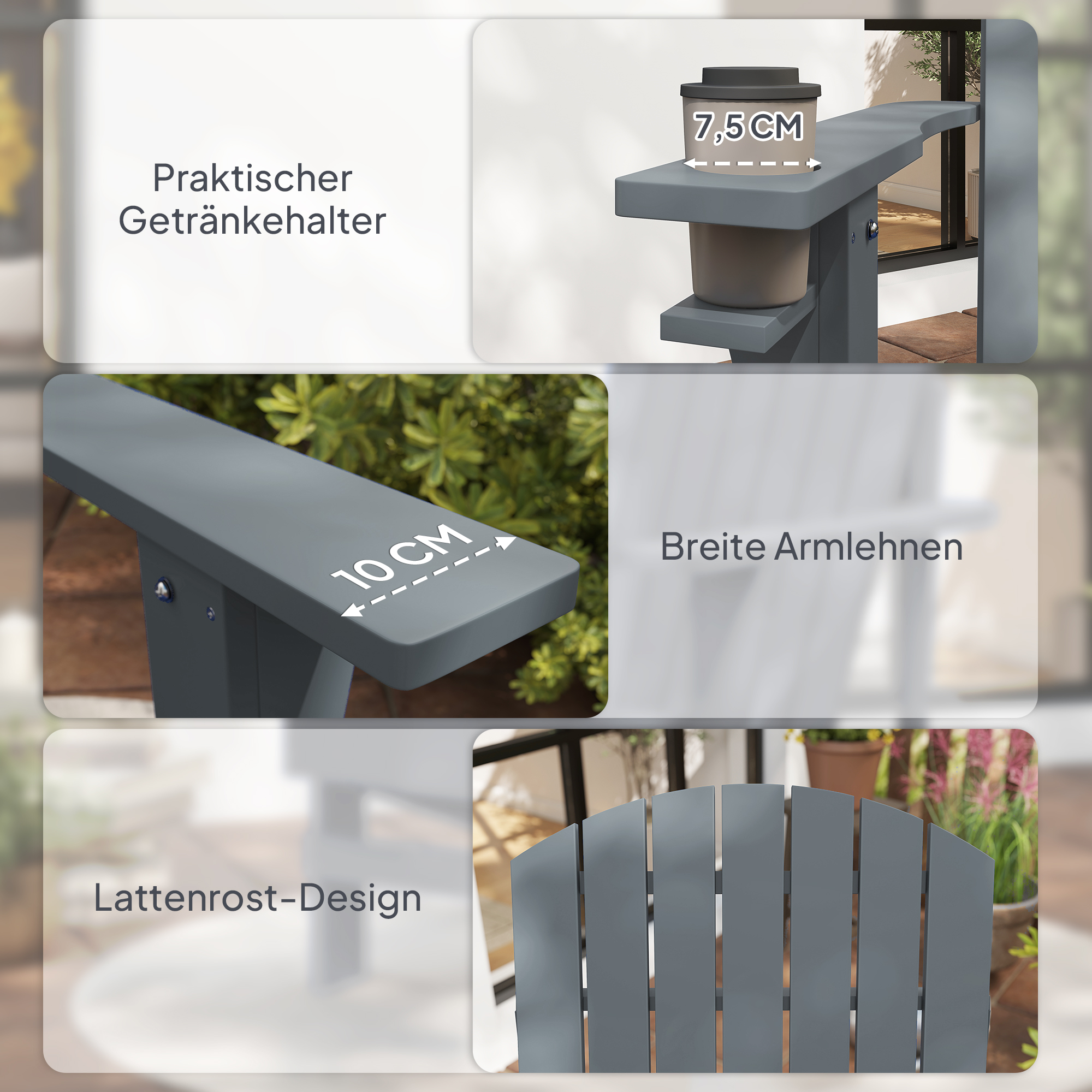 Adirondack-Gartenstuhl mit Becherhalter Gartenliege Balkonstuhl Massivholz Dunkelgrau 95 x 72 x 93 cm