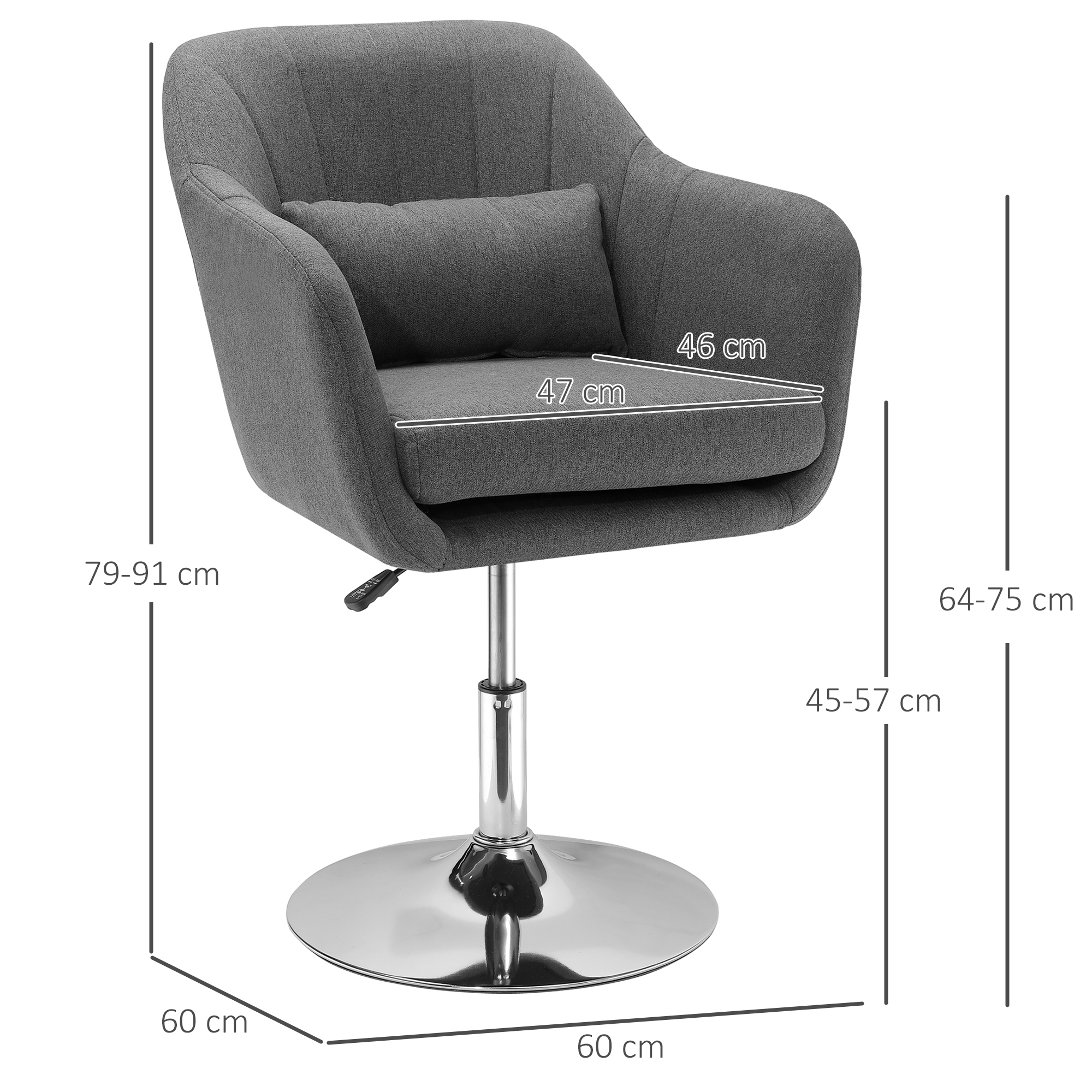 Drehstuhl, höhenverstellbarer Bürostuhl, leinenartiges Polyester, Metall, 60 x 60 x 79-91 cm, Dunkelgrau