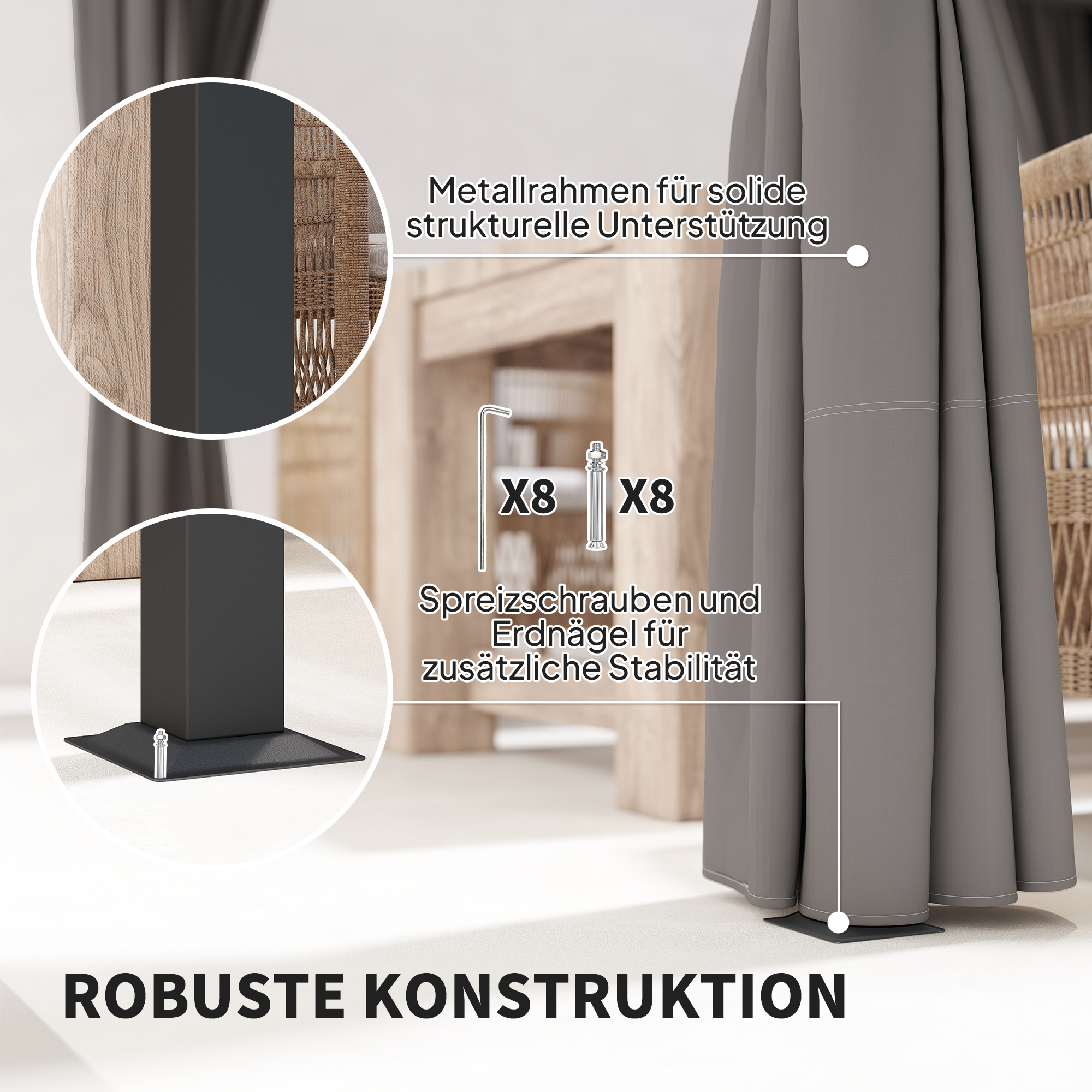 Pergola 3 x 3 m Freistehend Terrassenüberdachung mit Schiebedach, 4 Seitenwände UV-beständig Hellgrau