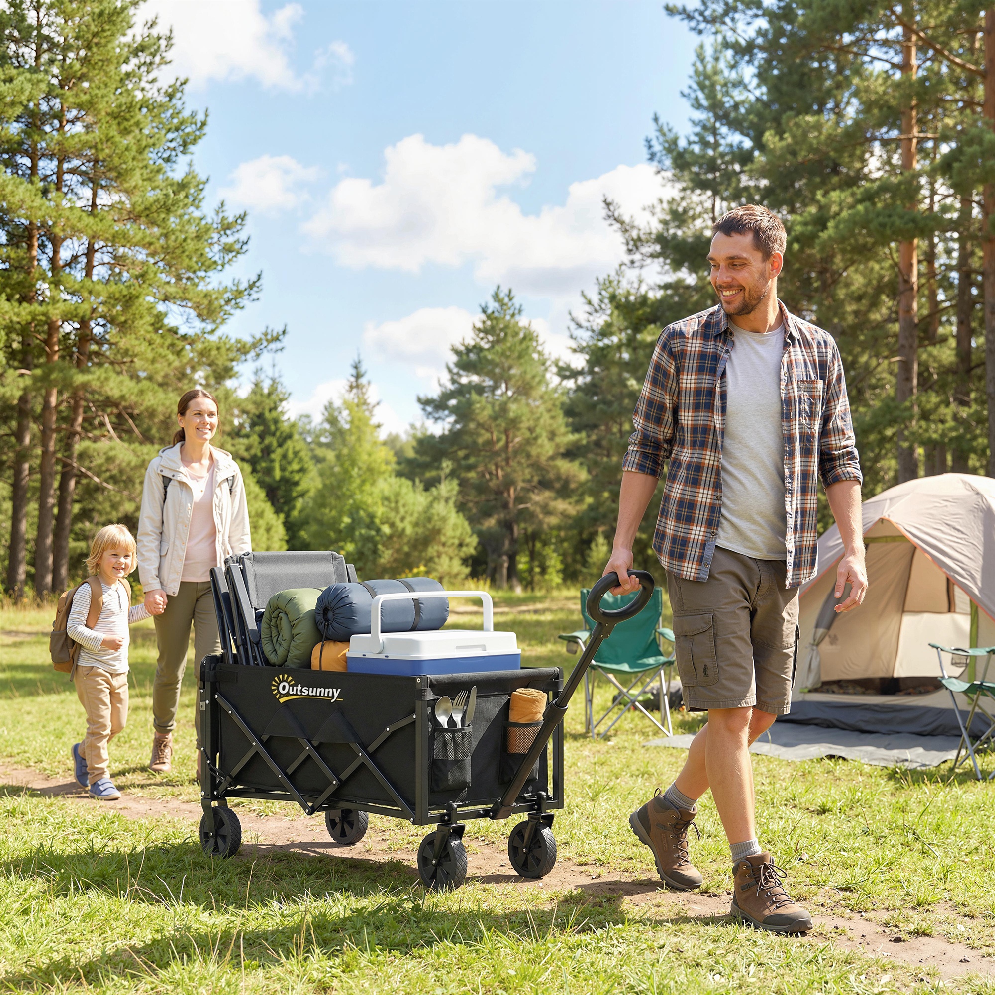 Bollerwagen 60L faltbarer Handwagen Gartenwagen Transportwagen mit Teleskop Griff Heckklappe Getränkehalter