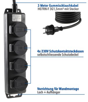 Gartensteckdosenleiste für Außen, 4-fach / IP44, H07RN-F 3G1,5mm², Zuleitung 3m