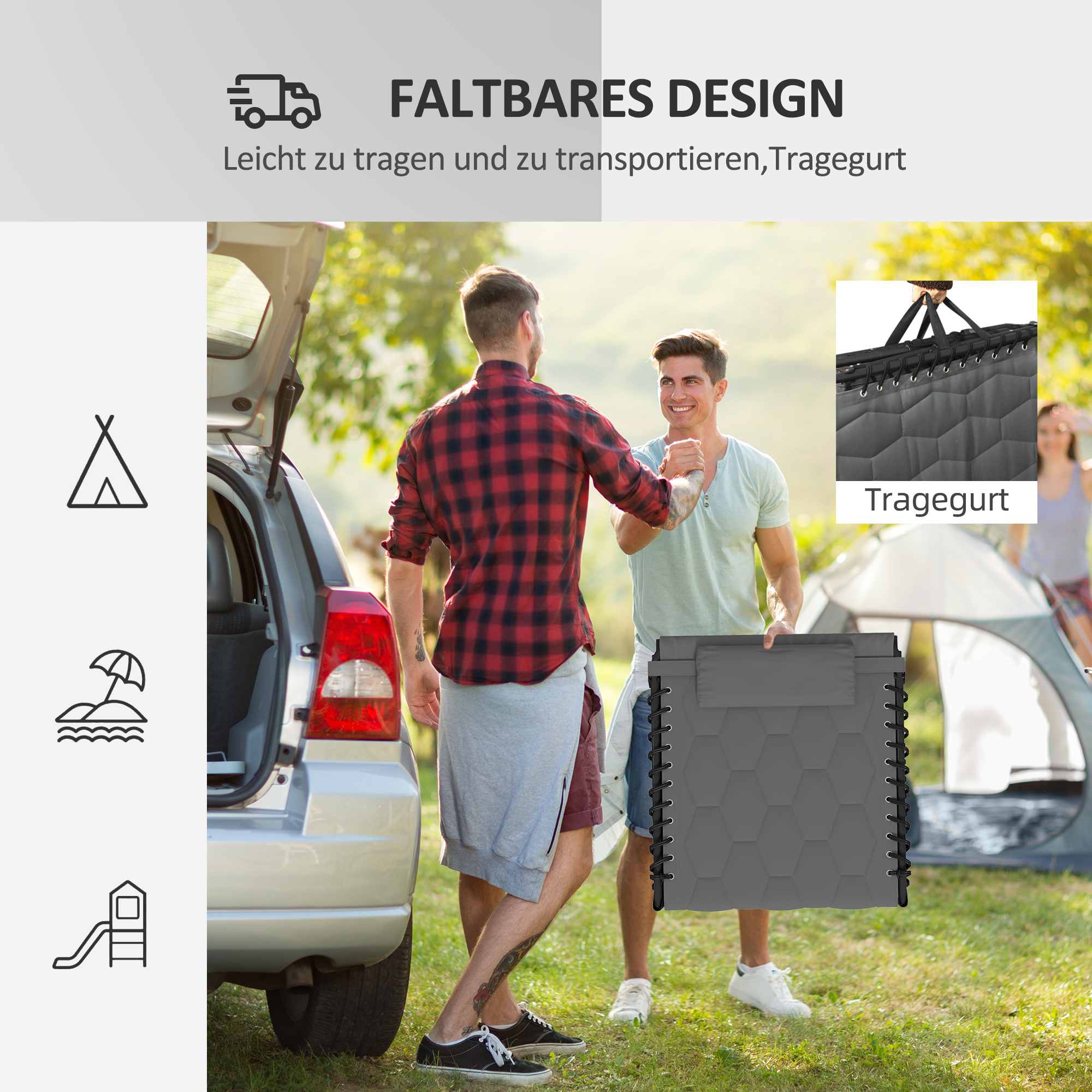 Sonnenliege Liegestuhl Gartenliege, klappbar, inkl, Kissen, wetterbeständig; 188 cm x 65 cm x 36 cm, Grau + Schwarz