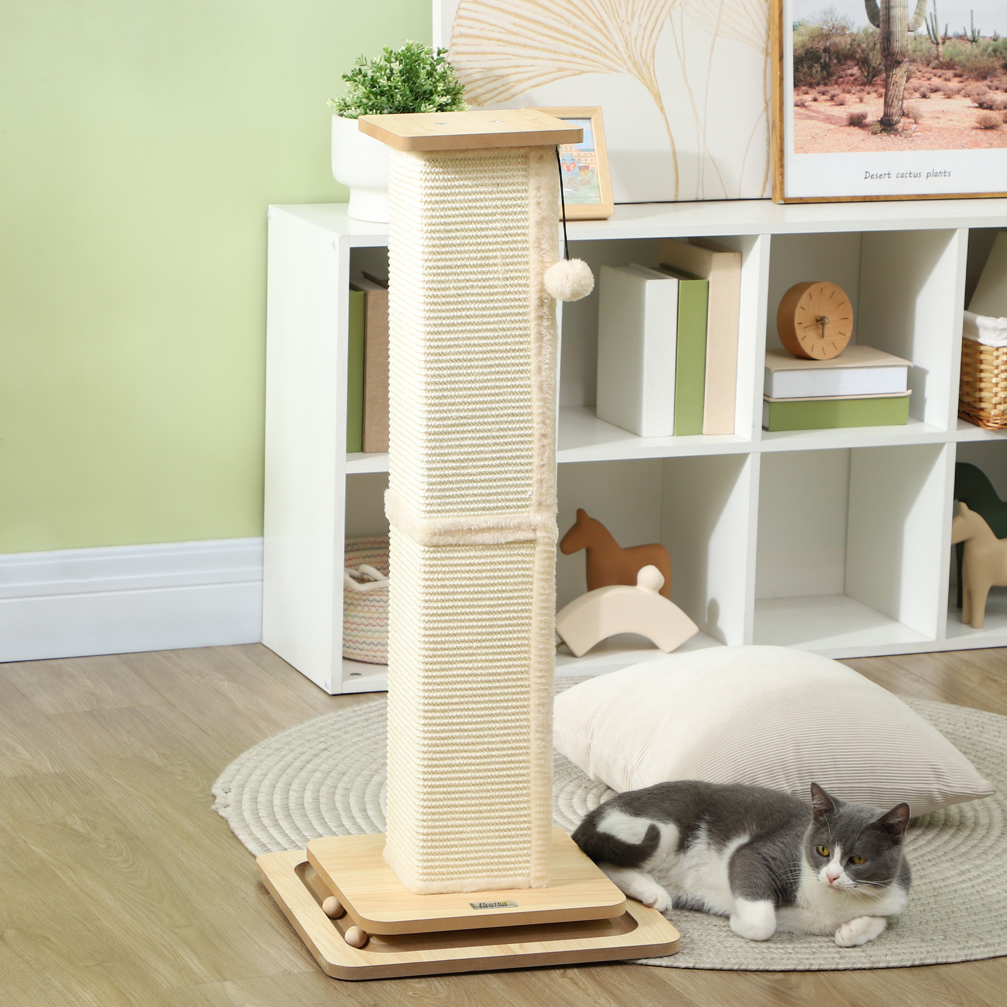 3-in-1-Kratzbaum mit Spielschiene, Spielball, Sisal, bis 10 kg, 39,5 x 39,5 x 87 cm, Eiche/Creme