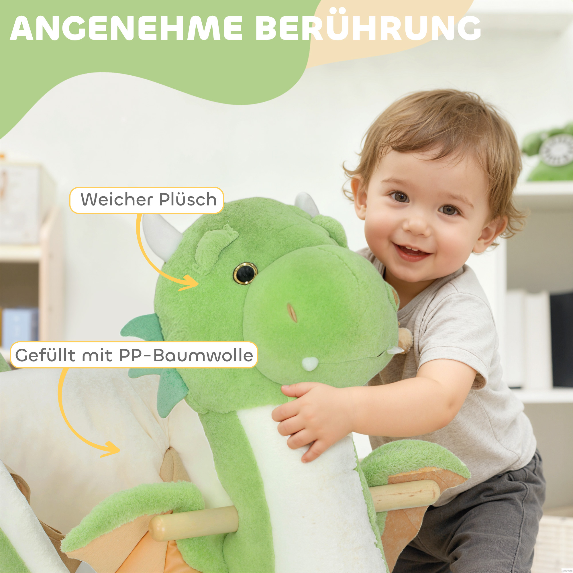 Schaukeltier, Dinosaurier-Schaukel, interaktive Tiergeräusche, weiche Füllung, Holzrahmen, 73 x 39 x 66 cm, Grün