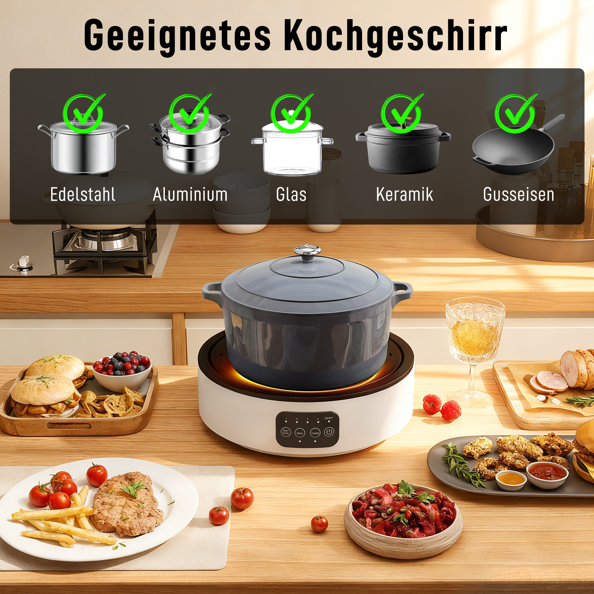 Dual-Keramikkochfeld, 2-in-1 Design, zum Kochen und Grillen, 2000W, 4 Hitzestufen, LED-Display, Fettfangschale, Weiß