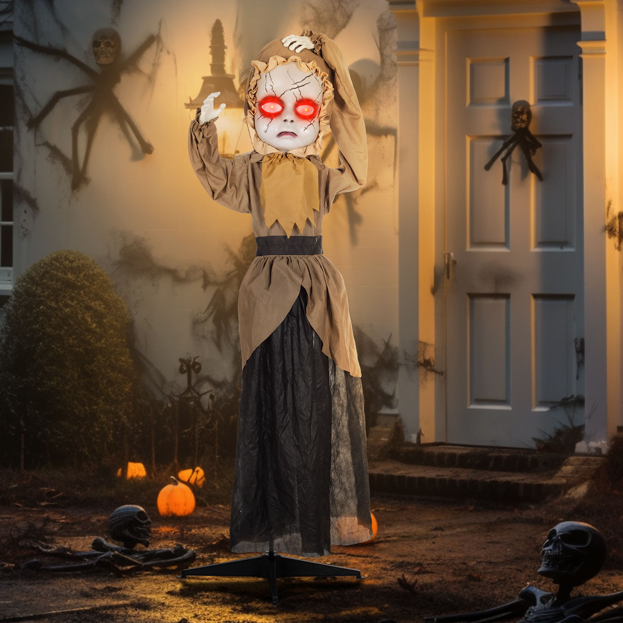 Grusel-Puppe Halloween-Dekoration, beweglicher Kopf, rote Augen, Batteriebetrieb