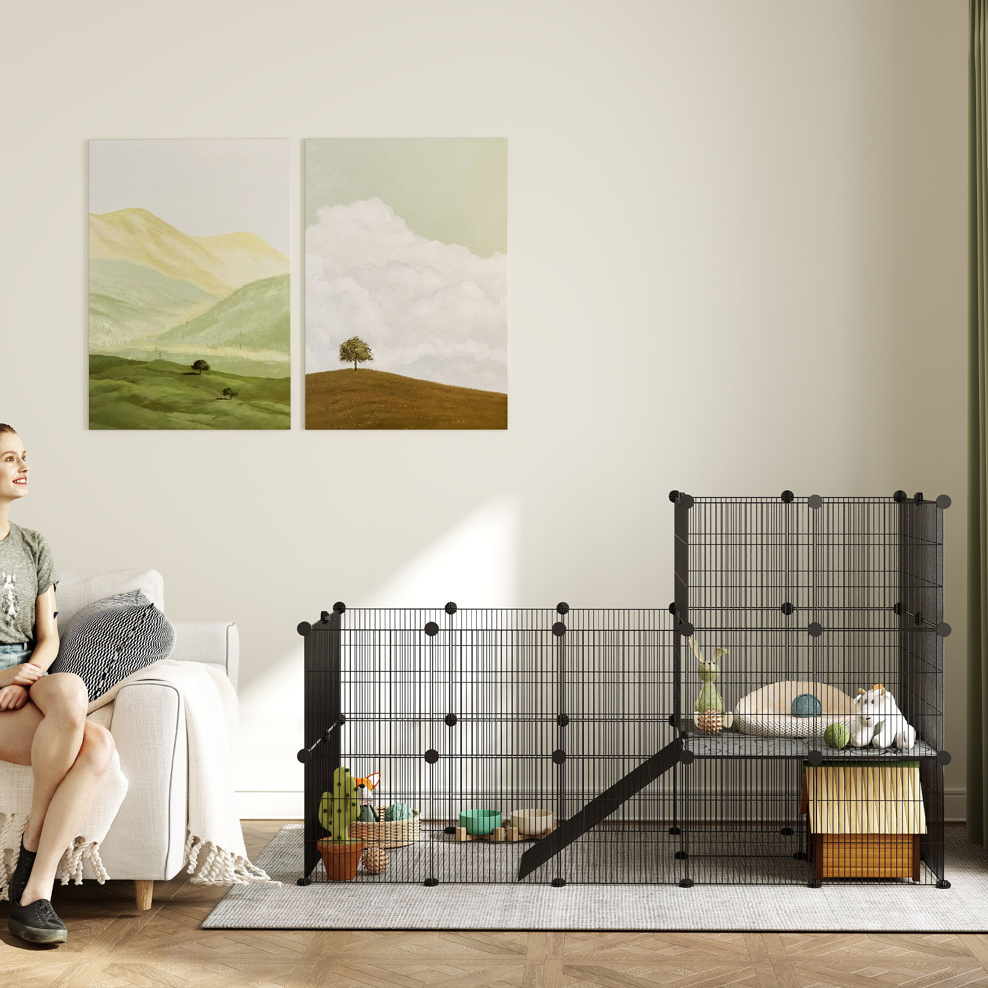 Gehege für Zwergkaninchen, 39-Paneel-Stall für kleine Haustiere, mit Rampe, für Kleintiere, Indoor, Schwarz