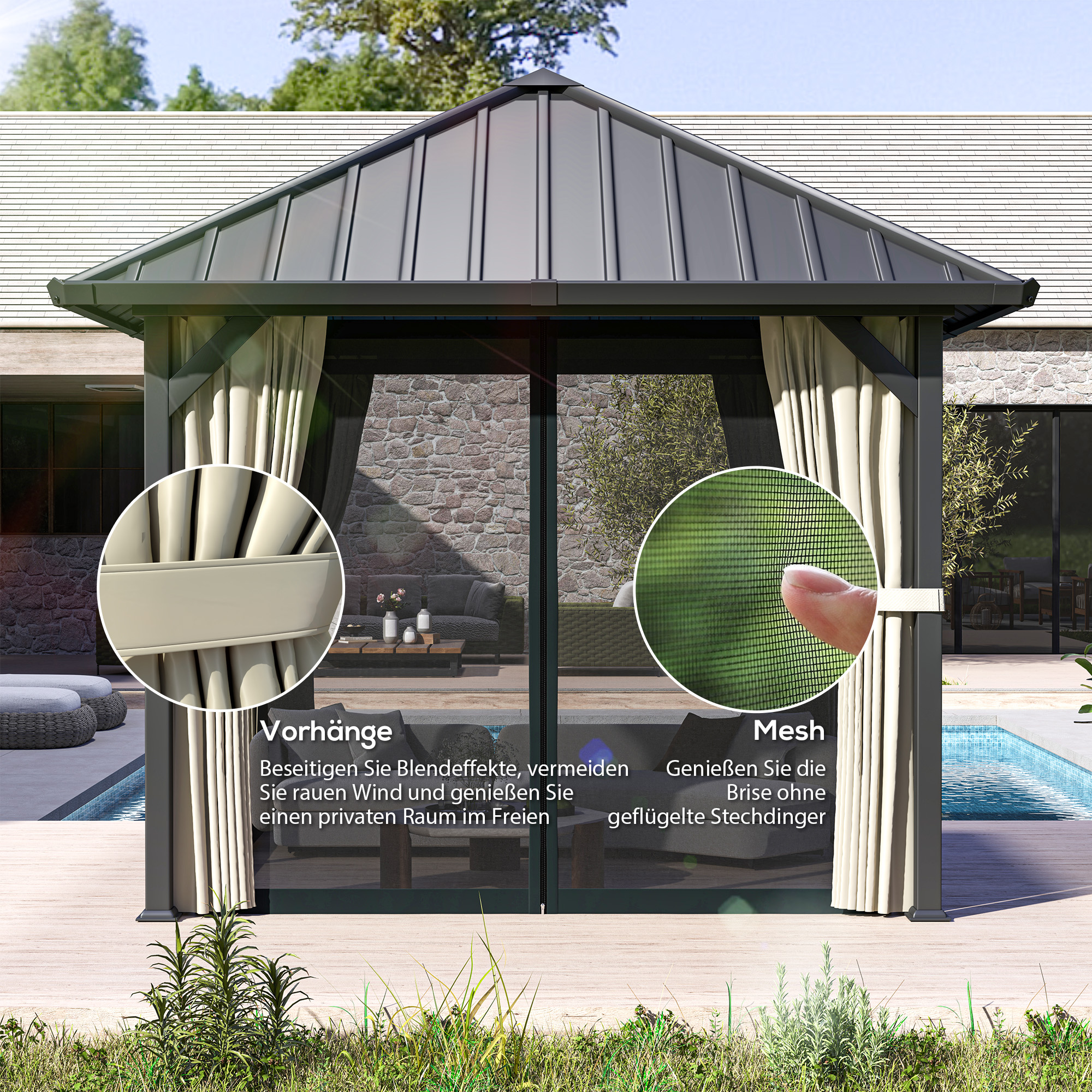 3 x 3 m Hartdach-Pavillon, Gartenpavillon mit Metalldach, Wasserfestes Gartenzelt mit Netz und Seitenwänden, Dunkelgrau