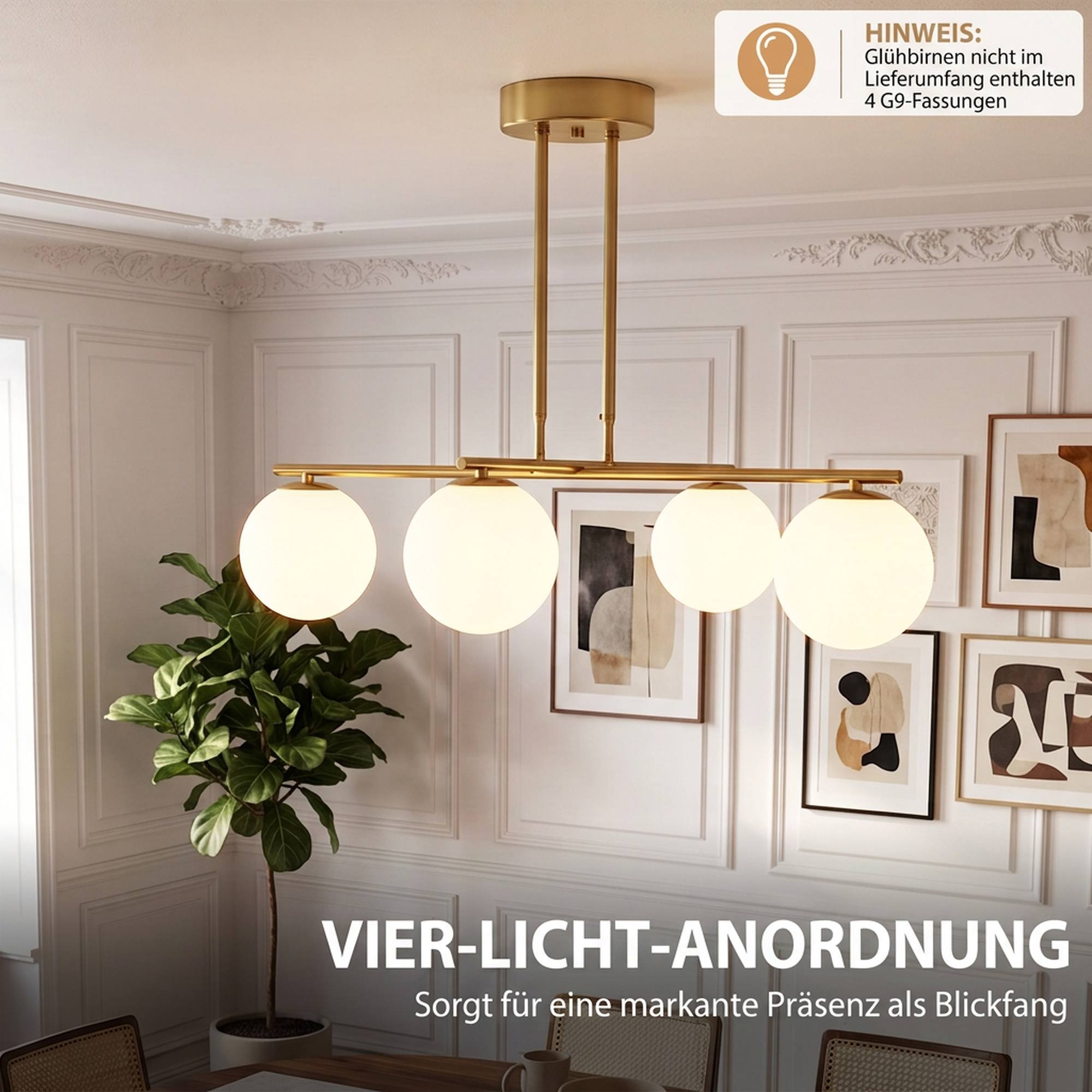 moderne Hängeleuchte mit 4 Kugelschirmen, höhenverstellbar und 350° drehbar, Weiß