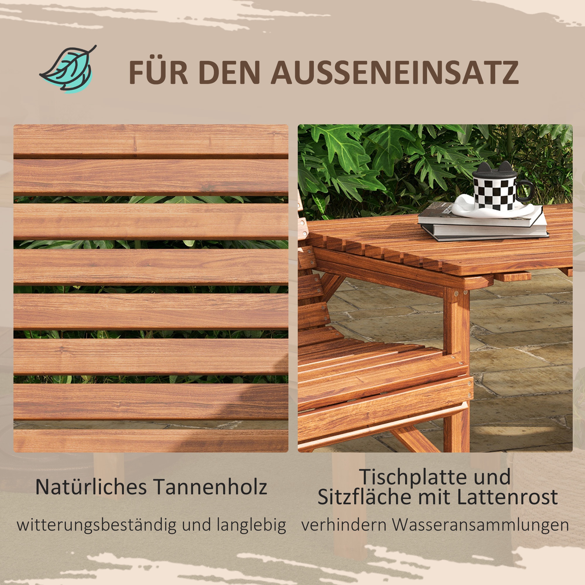 Bistro-Set 3-teilig aus Holz Wetterfest Gartenmöbel Set mit Lamellendesign Sonnenschirmloch Verkohlt