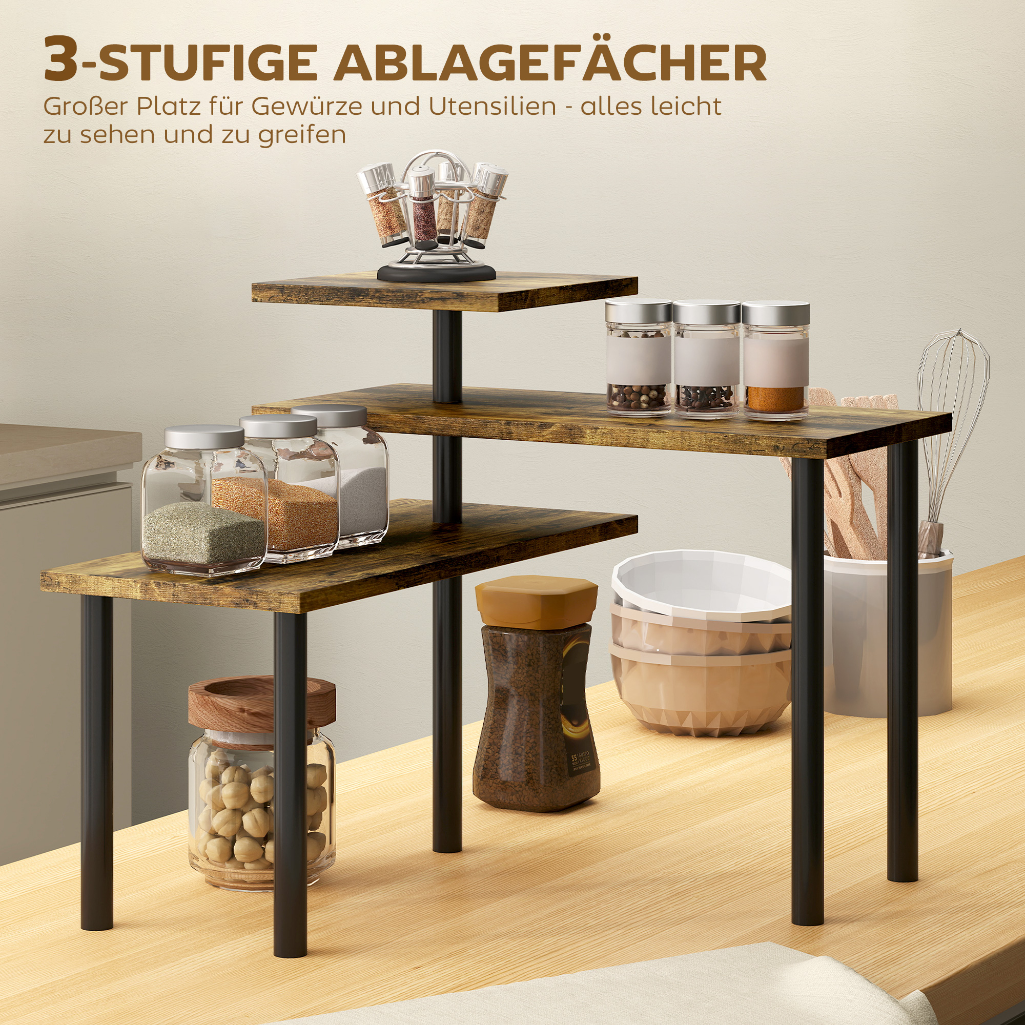 Küchenregal, Drehbar Mikrowellenregal mit 3 Ebenen, Industrielles Standregal Metall, 40 x 18 x 36,5 cm
