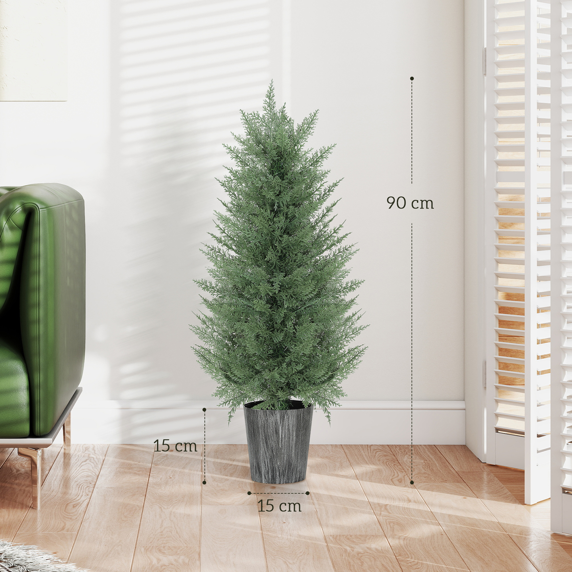 2er Set Künstliche Zypressenbäume groß 90cm Kunstpflanze, Plastik Künstliche Pflanzen im Topf 15 x 15 x 90 cm Grün