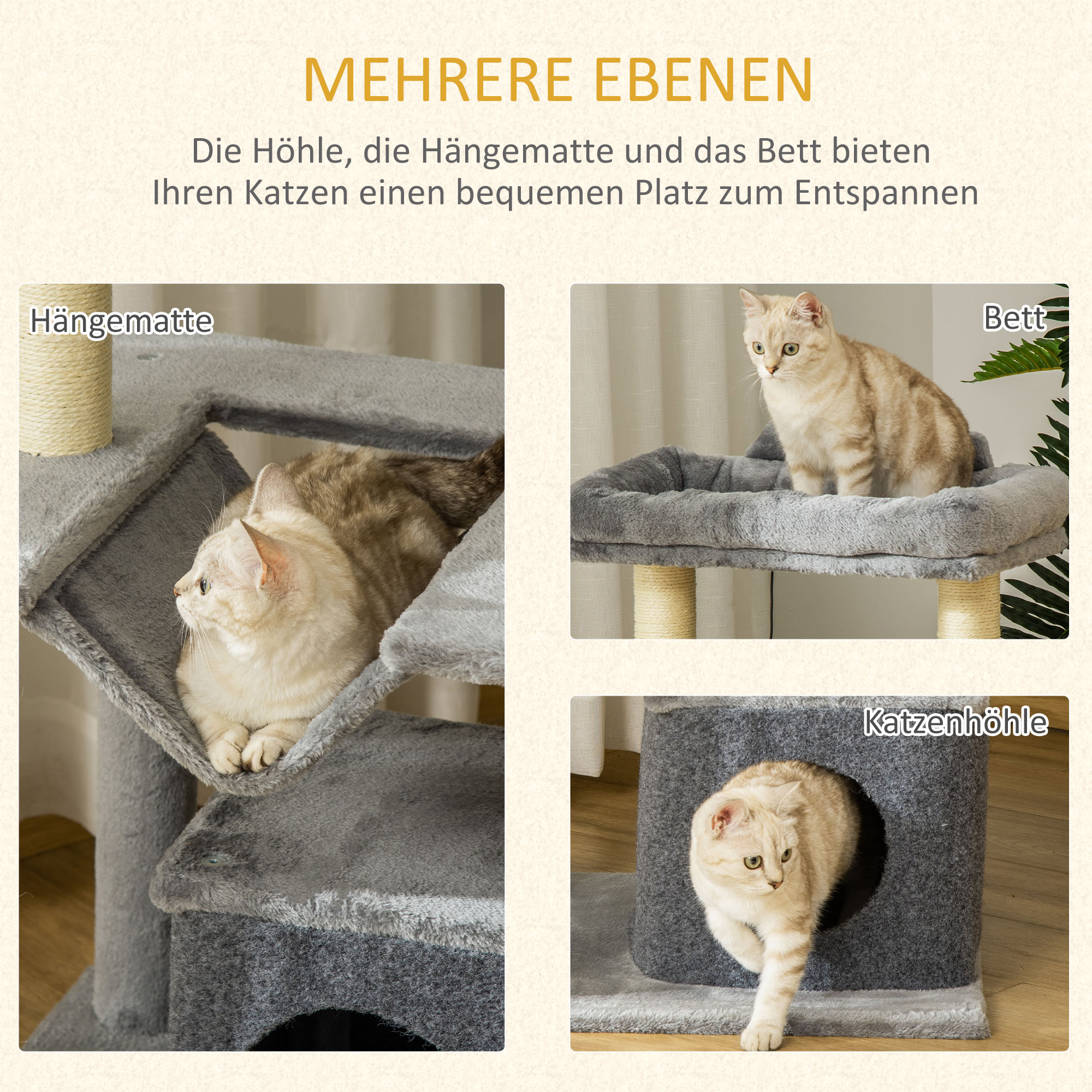 Katzenbaum 90 cm Kratzbaum mit Hängematte Spielbaum Katzenhöhle Plattformen Kletterbaum Katzenkratzbaum Aktivitätskratzbäum Plüsch Sisal Grau