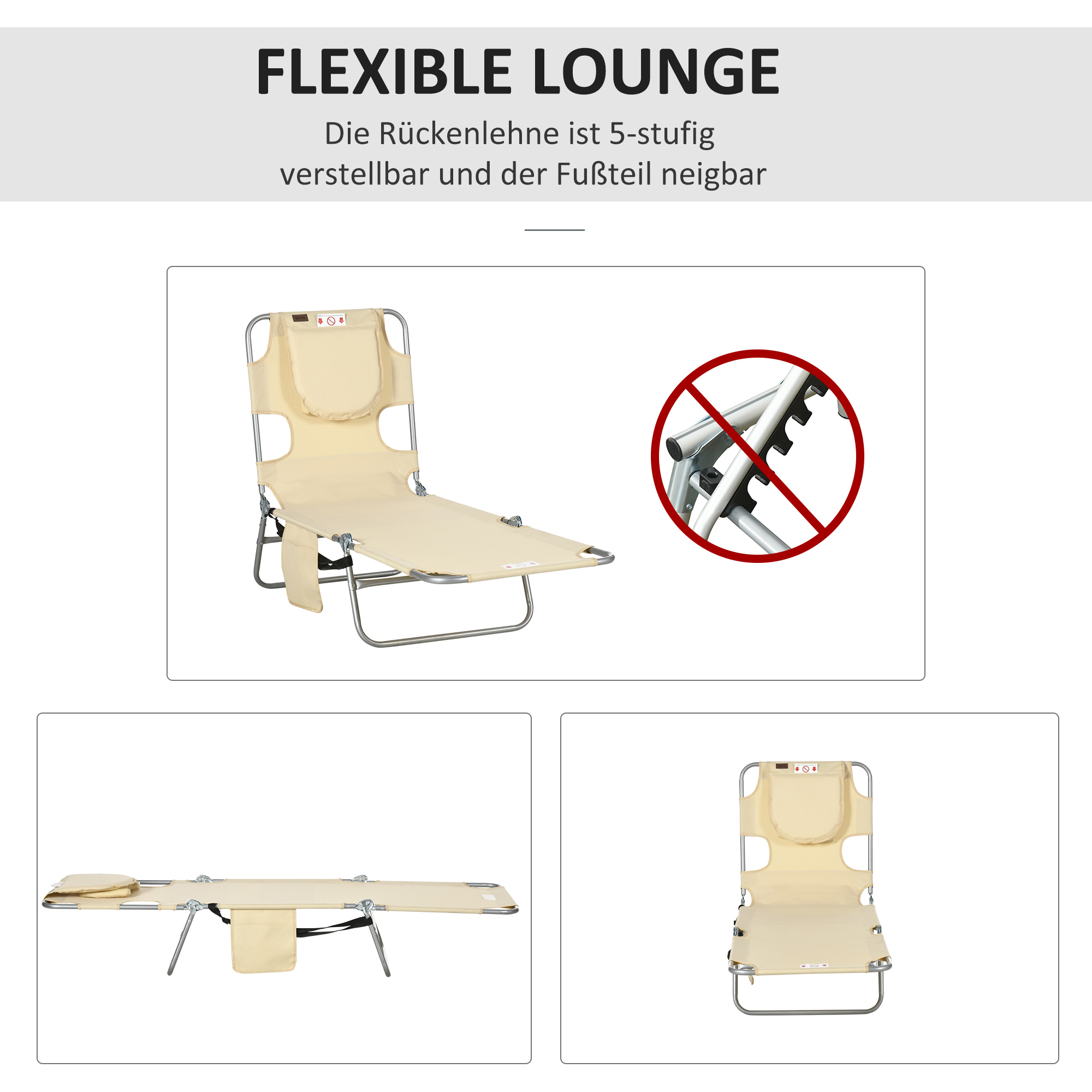 Gartenliege, Liegestuhl mit gepolsterter Gesichtsöffnung, Massage-Liege für draußen, Seitentasche, Stoff, Metall, Beige