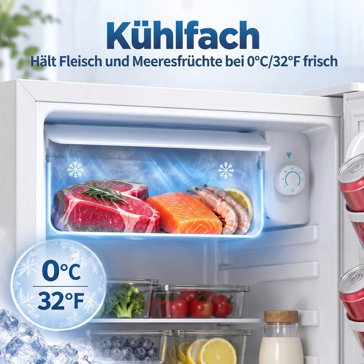 Minikühlschrank mit Gefrierfach, Einstellbares Thermostat, Kleiner Kühlschrank, Eintürig, 72,5 L, Weiß