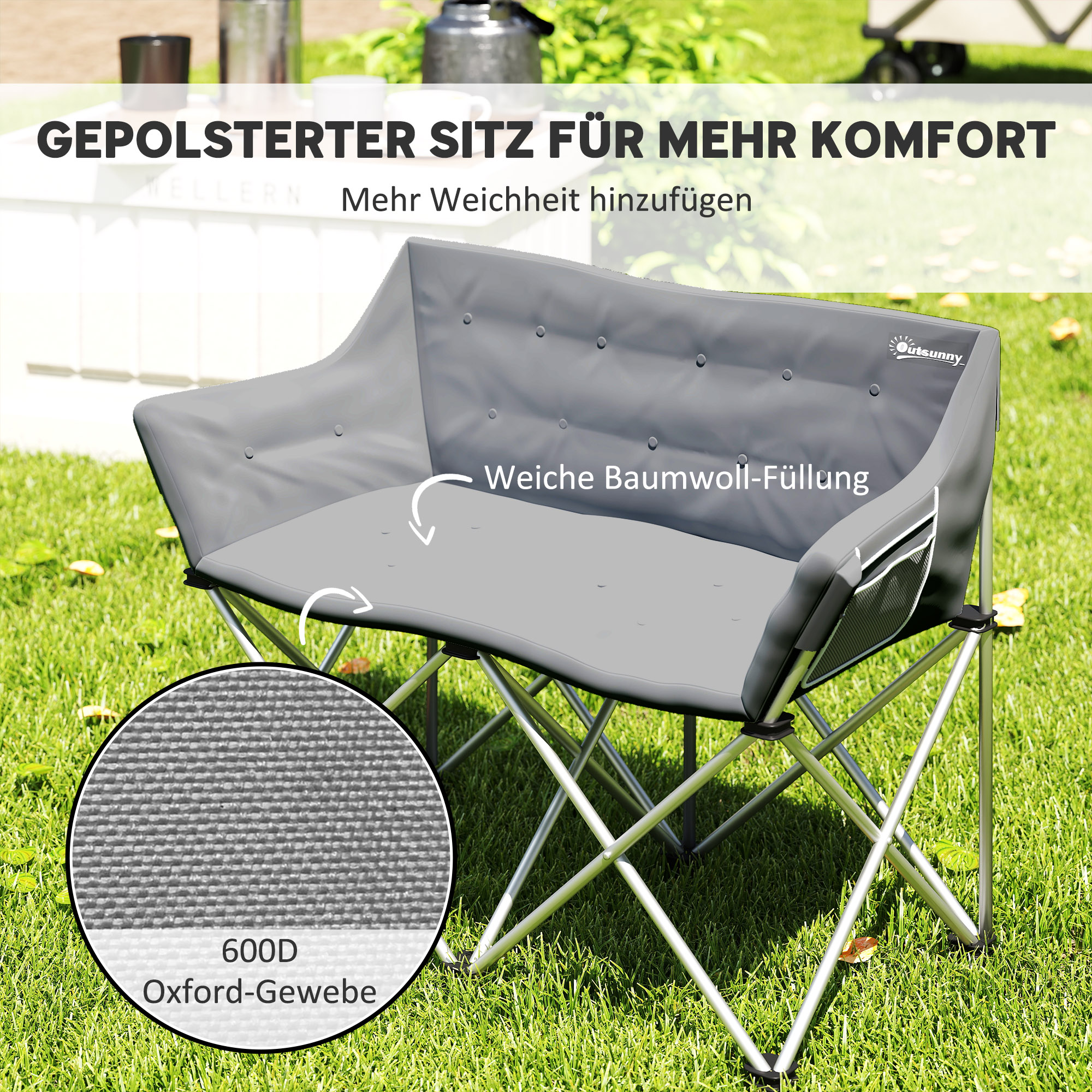 Faltstuhl 2 Sitzer faltbar Campingstuhl mit Armlehnen Seitentasche bis 240kg belastbar Grau