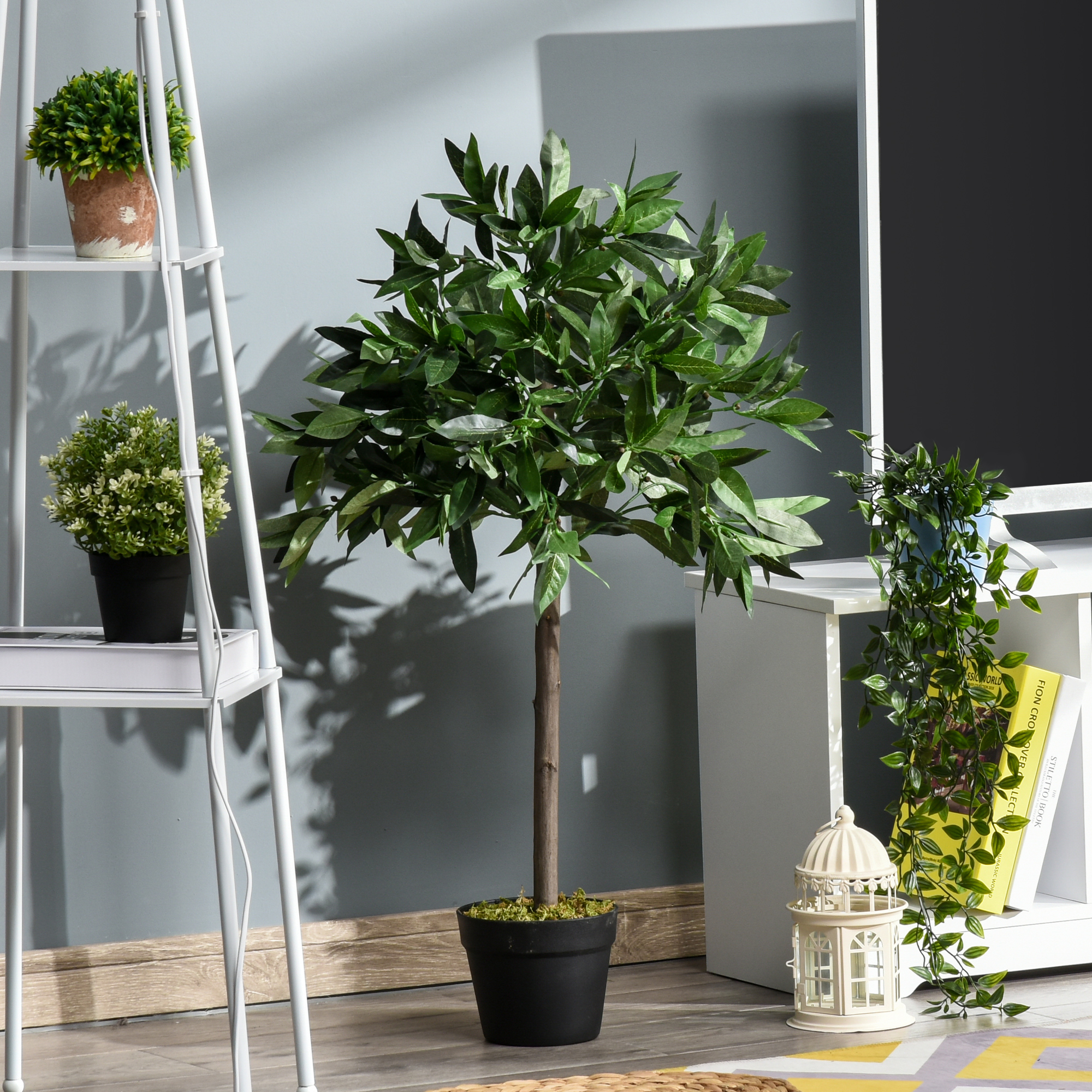 2er-Set künstlicher Lorbeerbaum, 90 cm, Kunstpflanzen im Zementtopf, Kunststoff-Pflanzen für drinnen und draußen, Grün