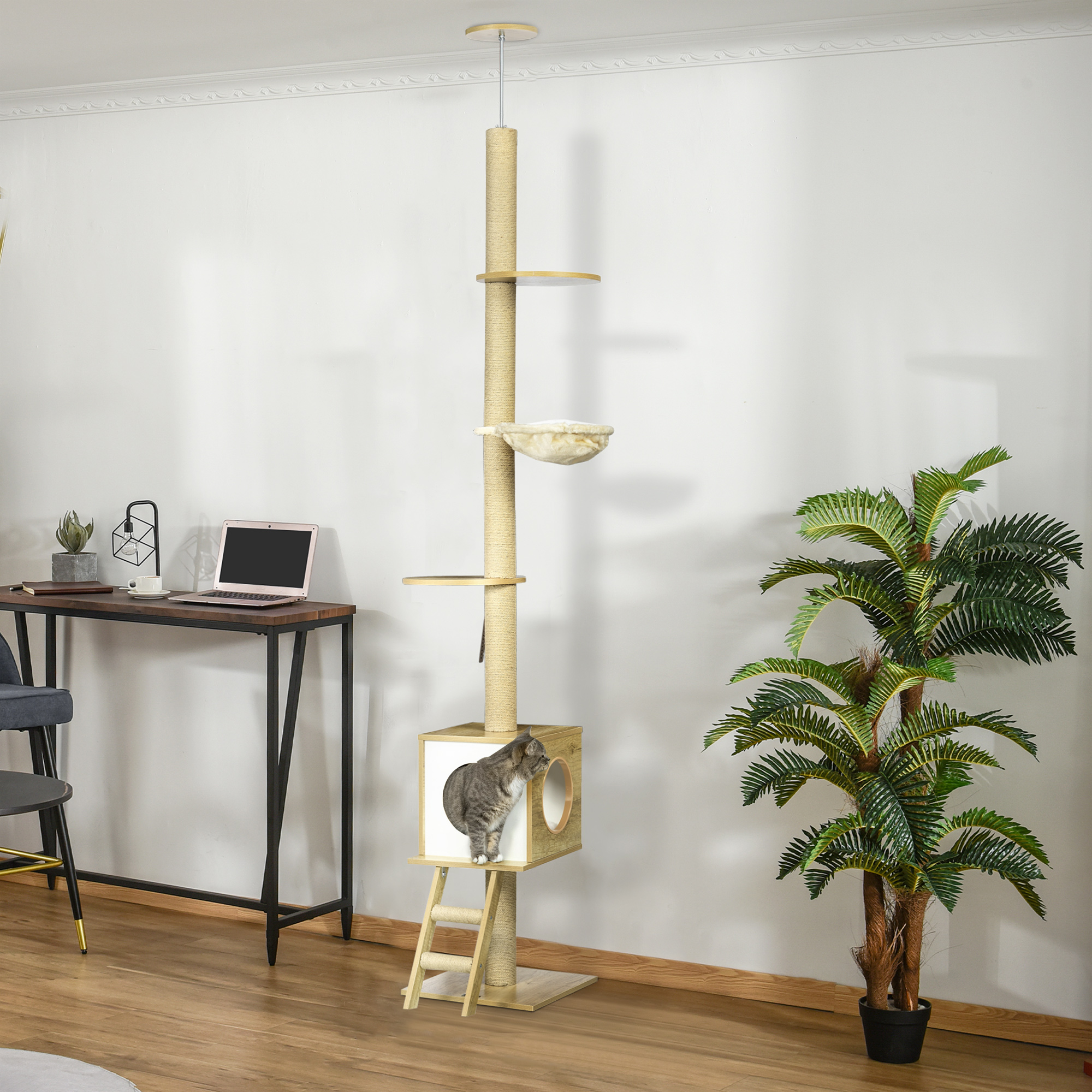 Kratzbaum, deckenhoch, Katzenhaus, zwei Plattformen, Hängematte, Kippschutz, hellbraun+beige, 40 x 40 x 260 cm