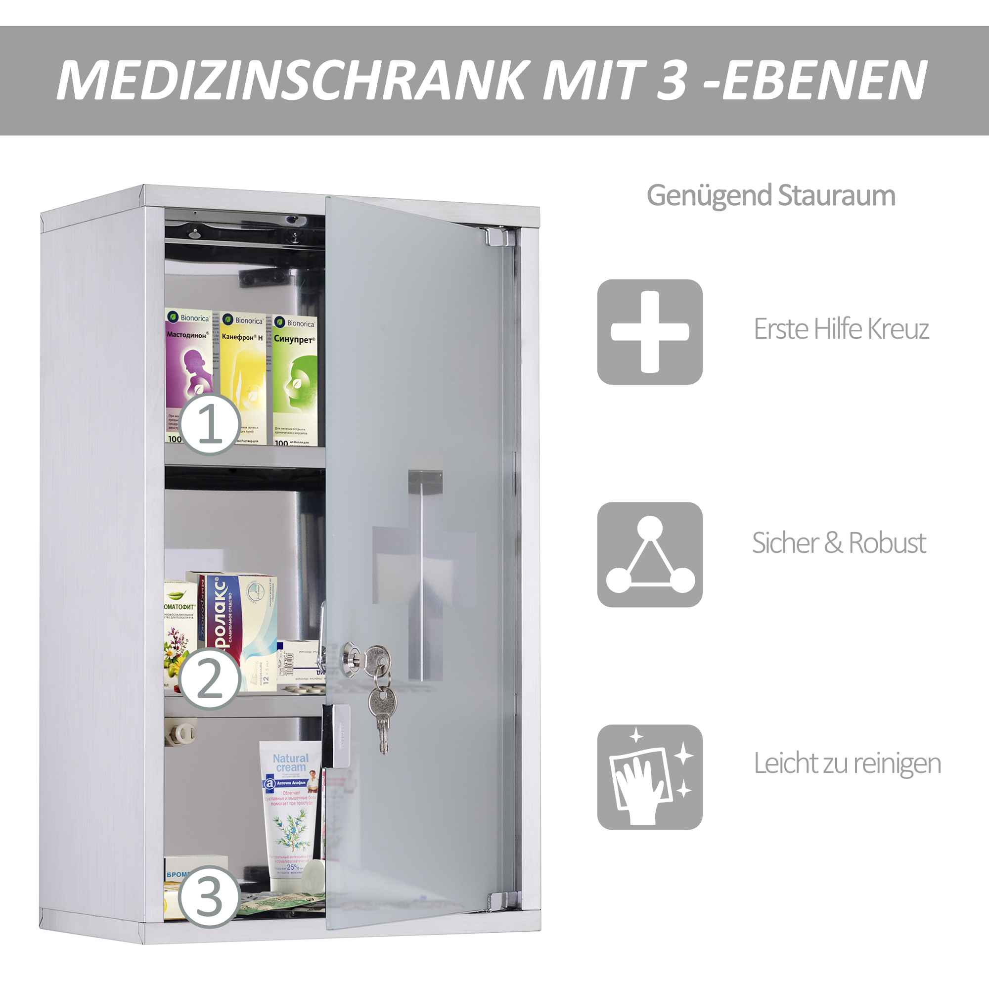 Medizinschrank Arzneischrank aus Edelstahl, Abschließbar Medikamentenschrank mit 3 Fächern, Glastür Apothekerschrank zur Medikamenten-Aufbewahrung, 30 x 18 x 50 cm