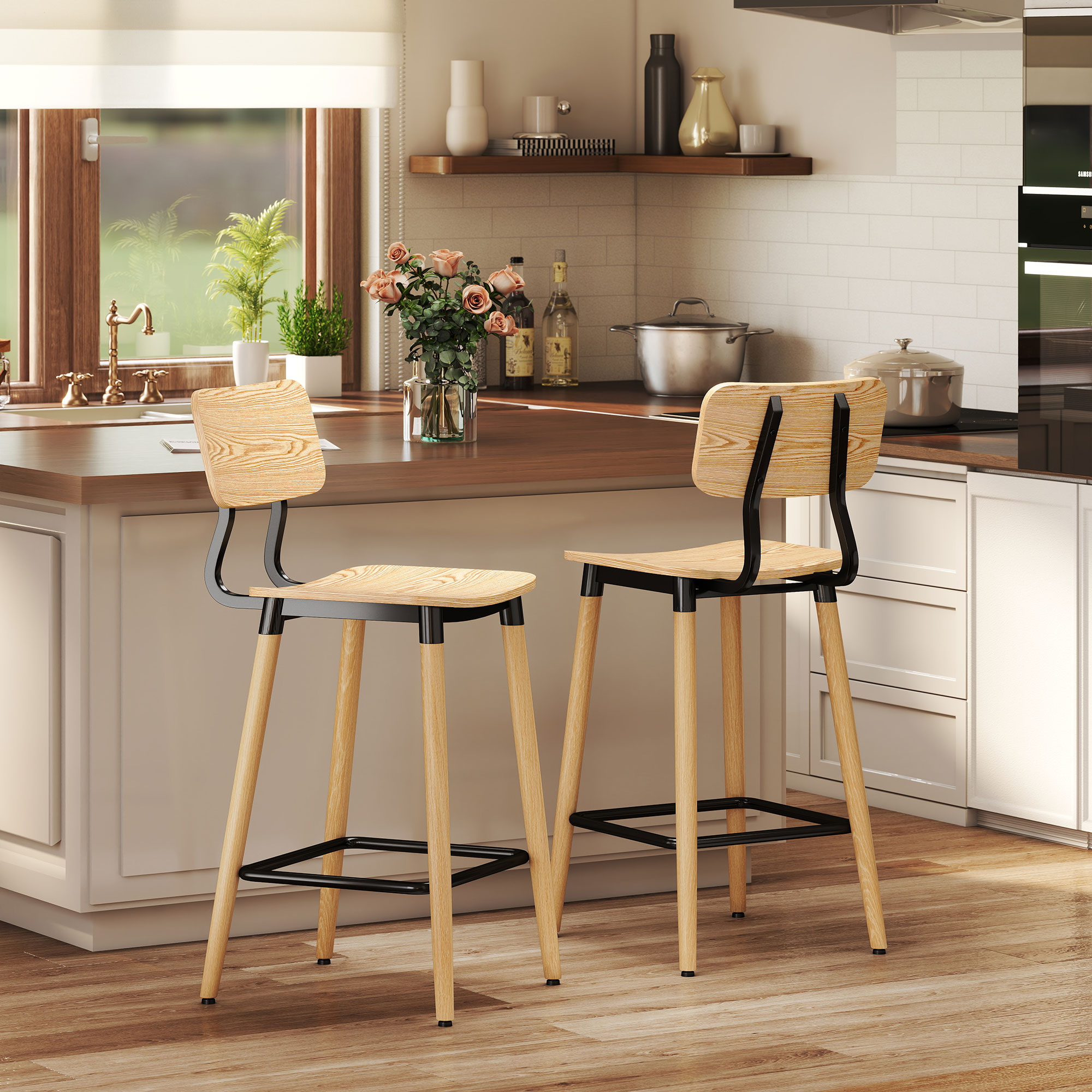 2er-Set Barhocker mit Rückenlehne, Barstühle für Hausbar, Kücheninsel, Esszimmer, Holz, Metall, Hellbraun