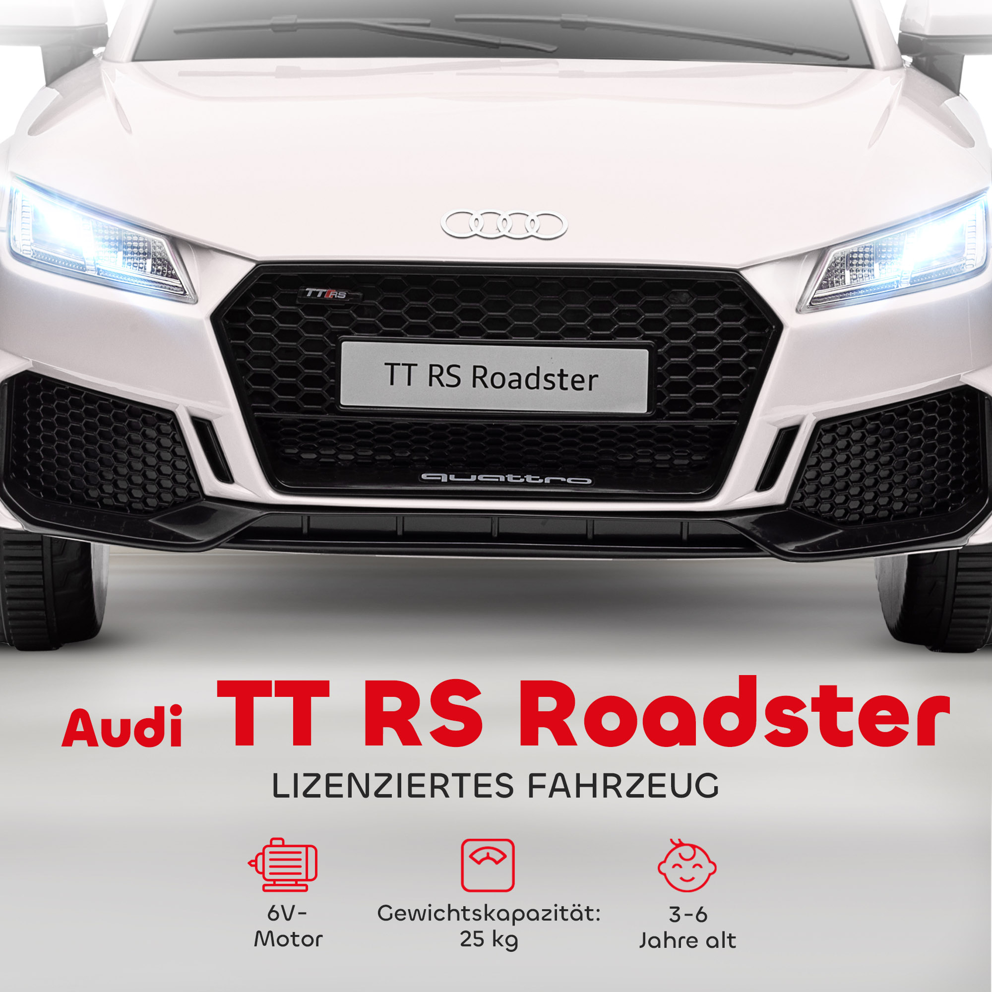 Kinderfahrzeug Audi TT RS Roadster, 3 km/h, Fernbedienung, LED, USB, weiß