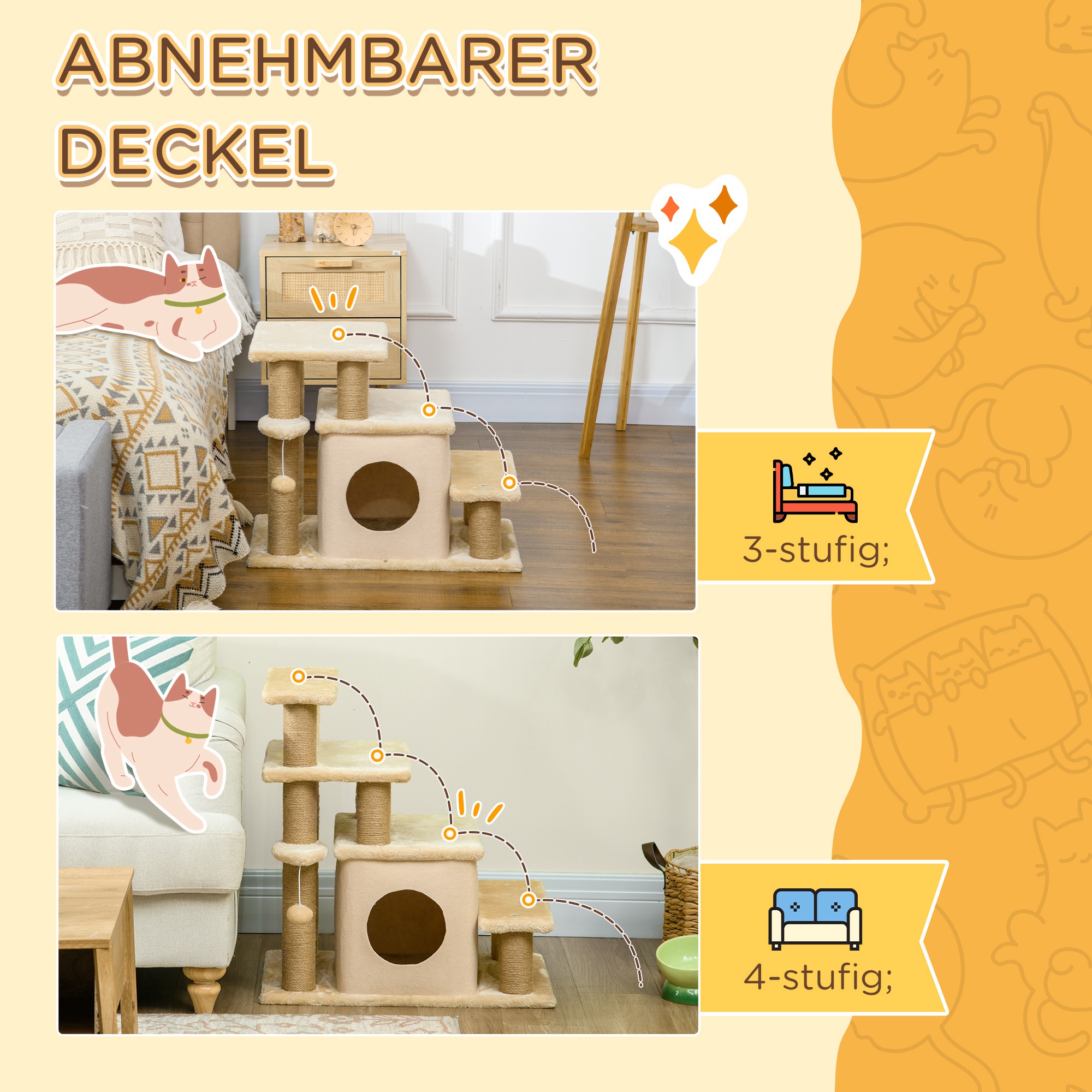Haustiertreppe, Kratzbaum, 4 Stufen, Spielball, Häuschen, höhenverstellbar, 60 x 40 x 66 cm, Beige