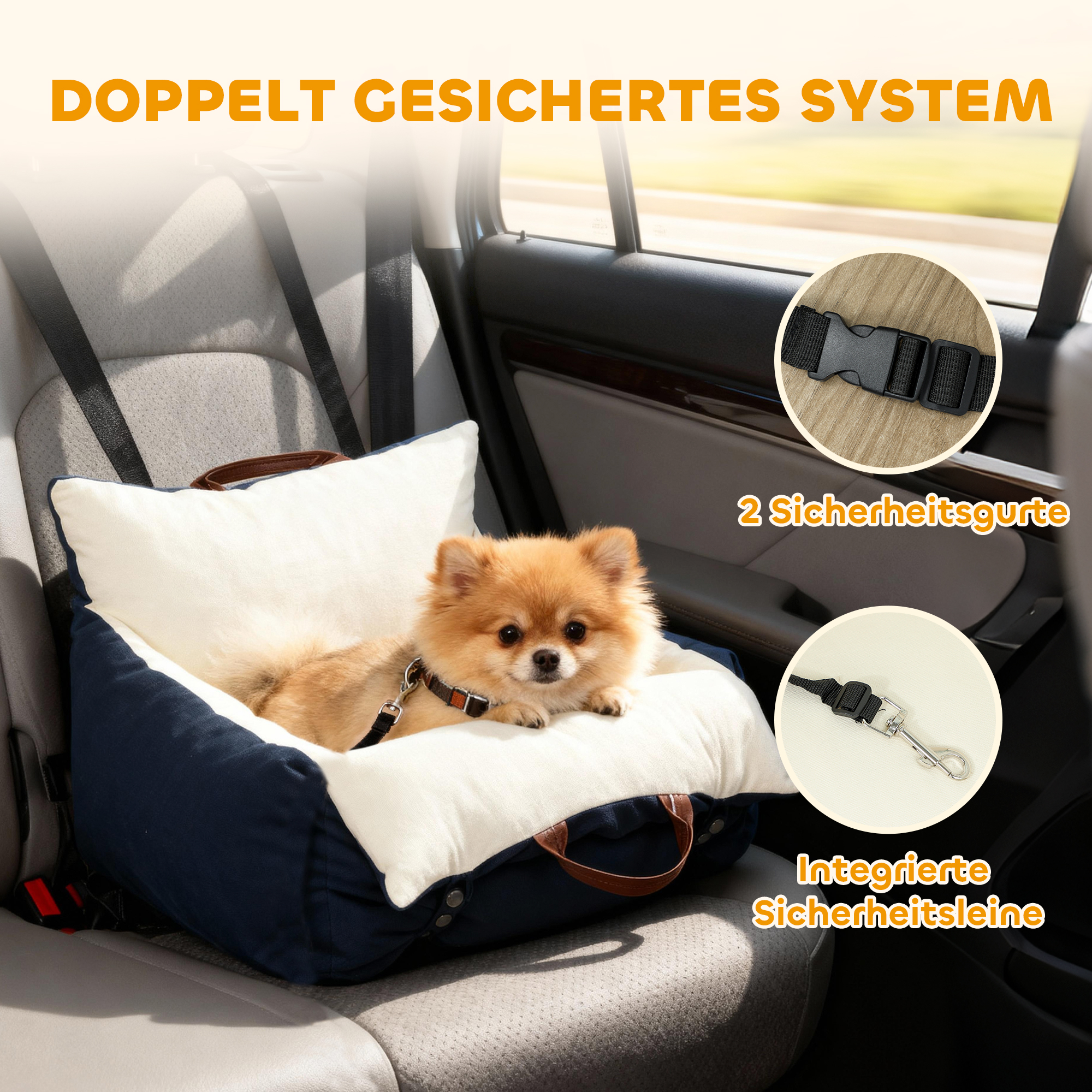 Hundeautositz, 2 Gurte, waschbare Bezüge, für Haustiere unter 5 kg, Blau