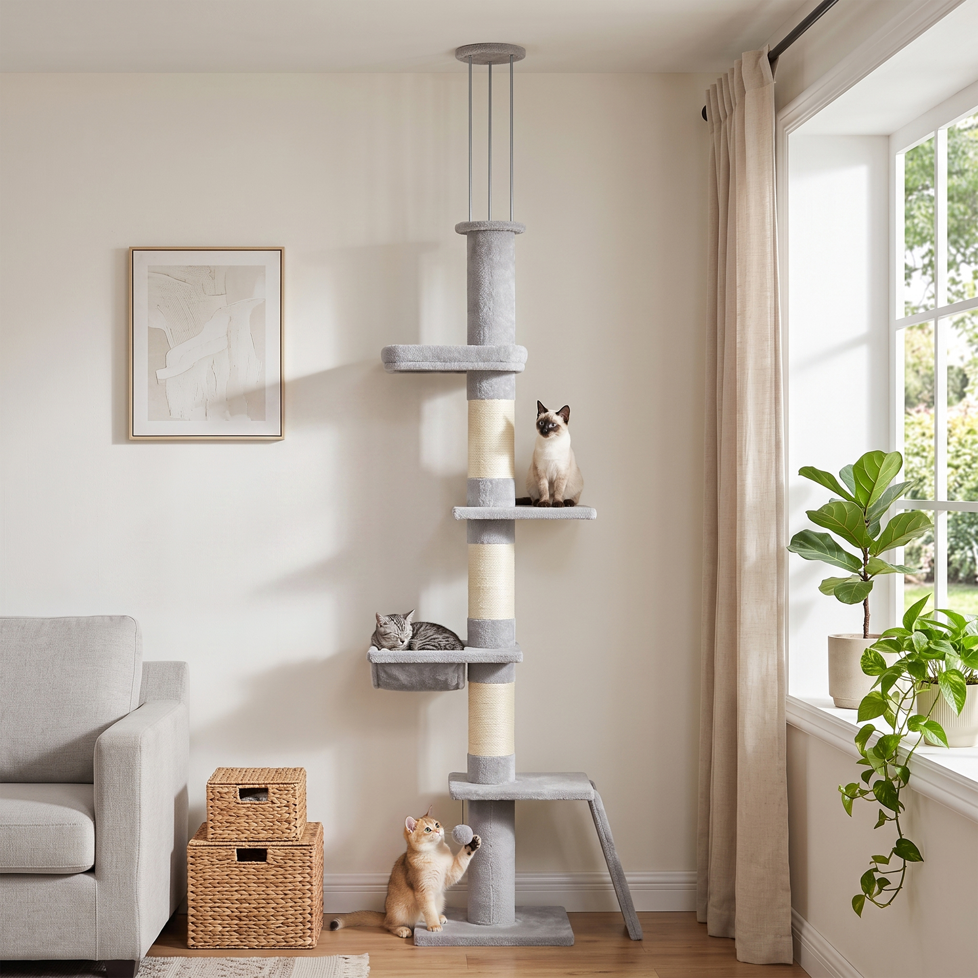 Kratzbaum Deckenhoch 230–260 cm höhenverstellbar Katzenbaum mit 5 Etagen 3 dicke Sisal-Kratzstämmen, Sisal-Kratzbrett
