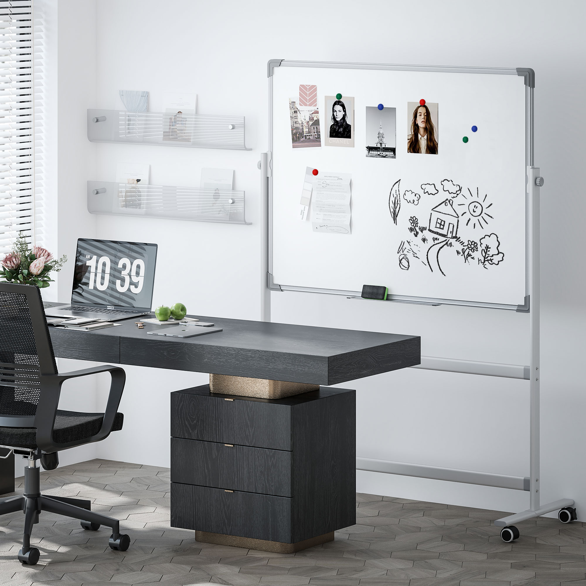 Whiteboard,120 x 90 cm, magnetisch, drehbar, mobil, inkl, Marker & Schwamm, Metallgestell, Weiß