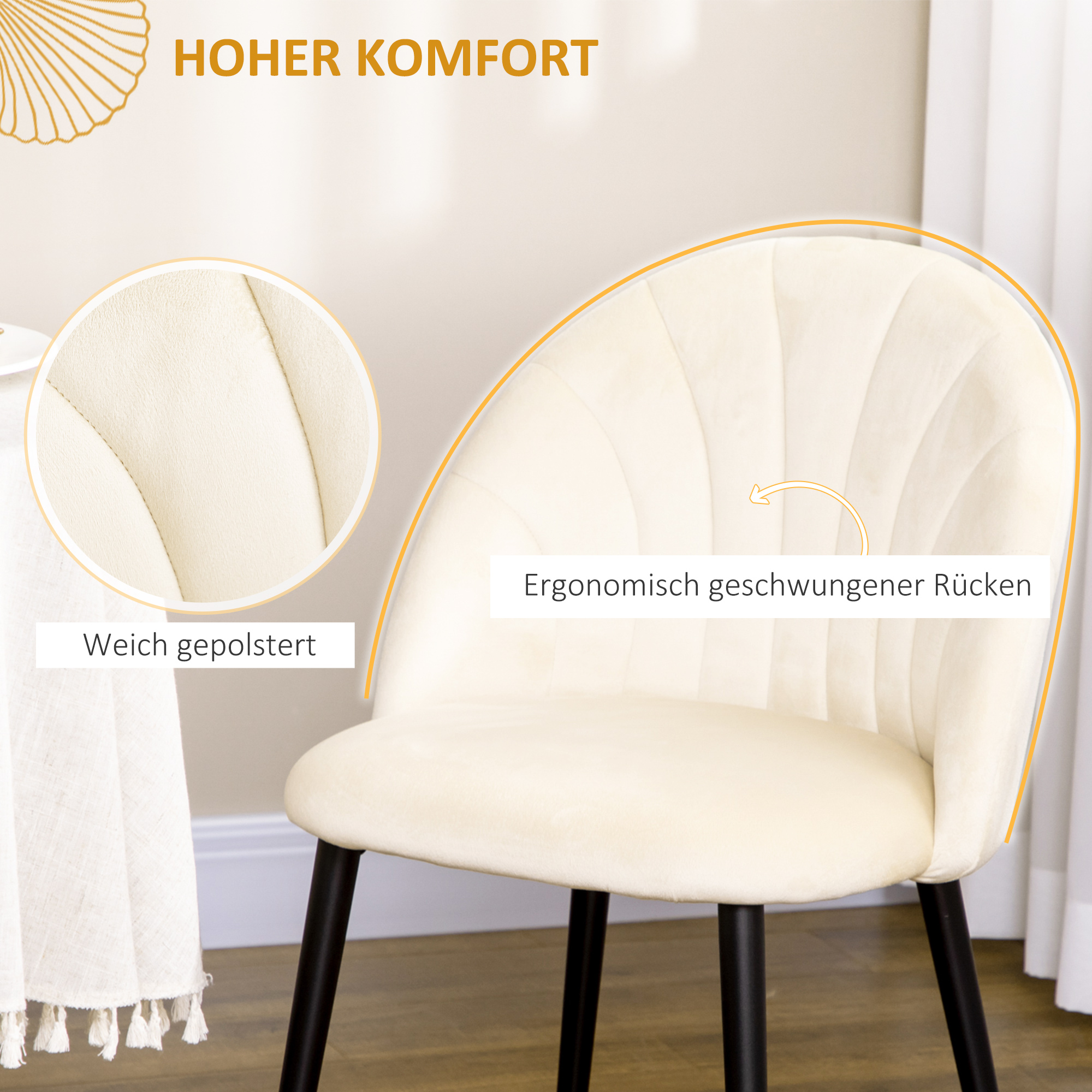 2er-Set Esszimmerstühle im Skandi-Design, Küchenstühle, Samptoptik, Creme + Schwarz