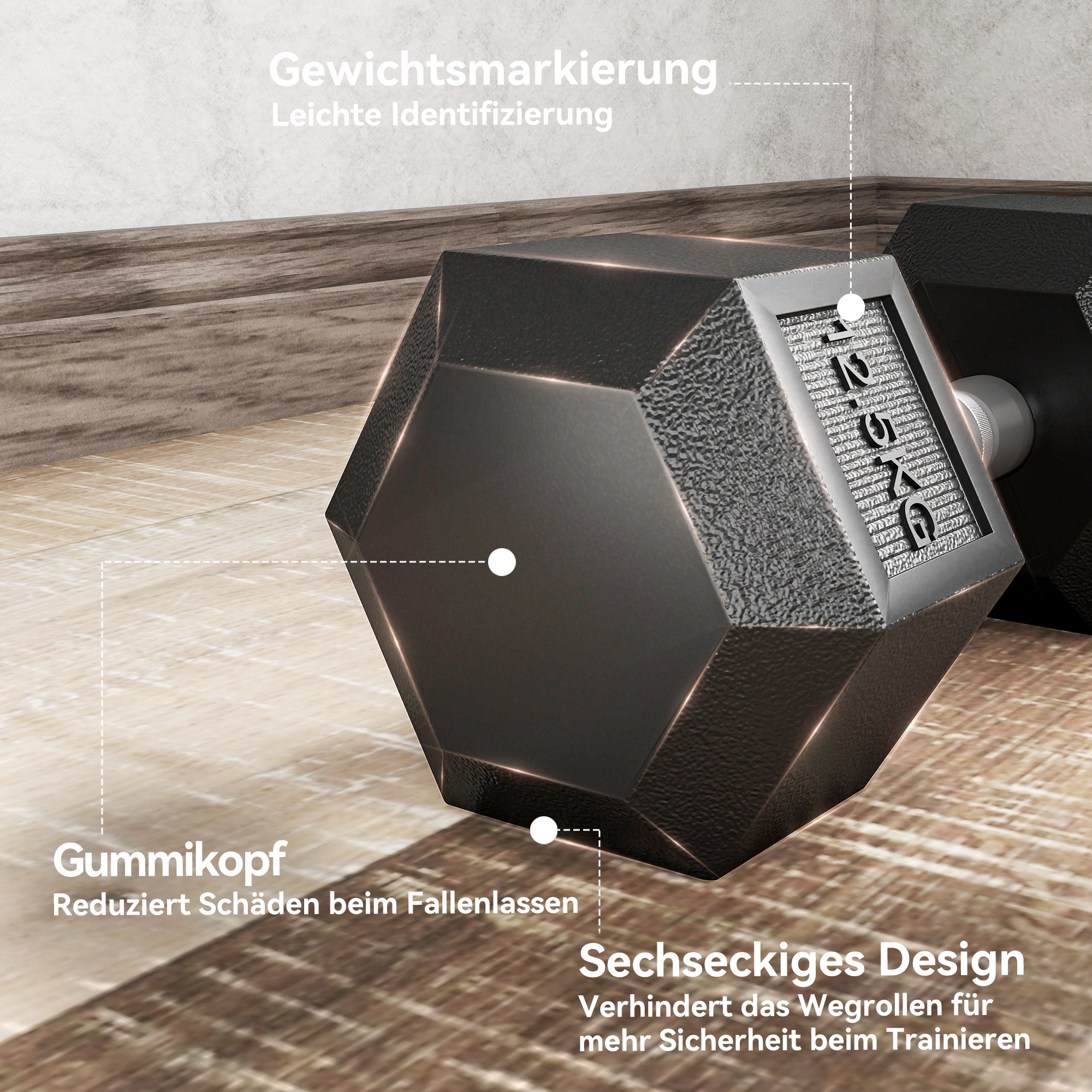 Hanteln mit gerändeltem Griff, Kurzhantel aus Gusseisen, 2 x 12,5 kg für Zuhause, Fitnessstudio, Krafttraining